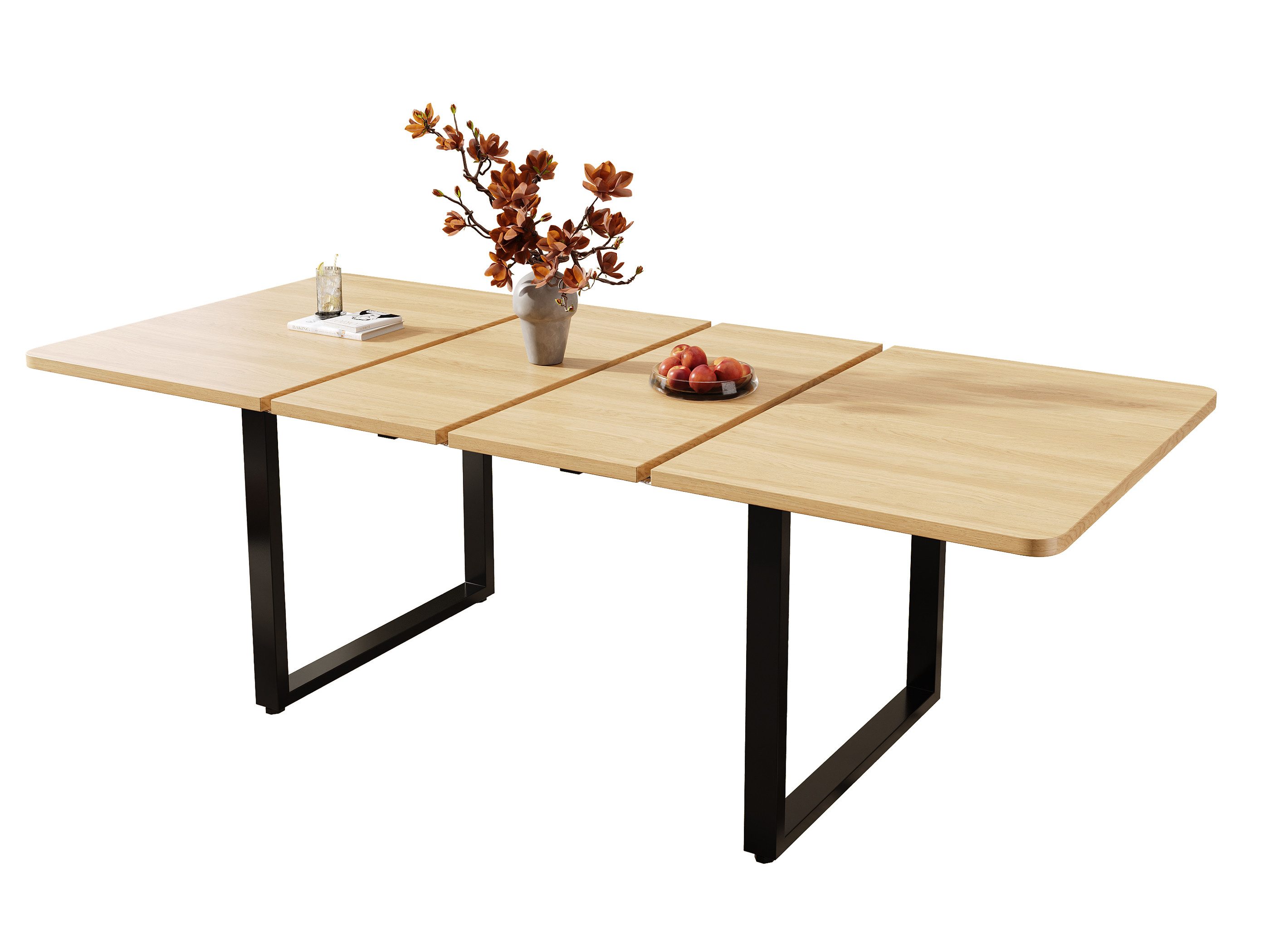 SeedWave Esstisch Ausziehbarer Küchentisch 140-220cm mit Metallfüßen, für 6-10 Personen, rechteckige Tischplatte in Holzoptik, 2 Einsatzplatten