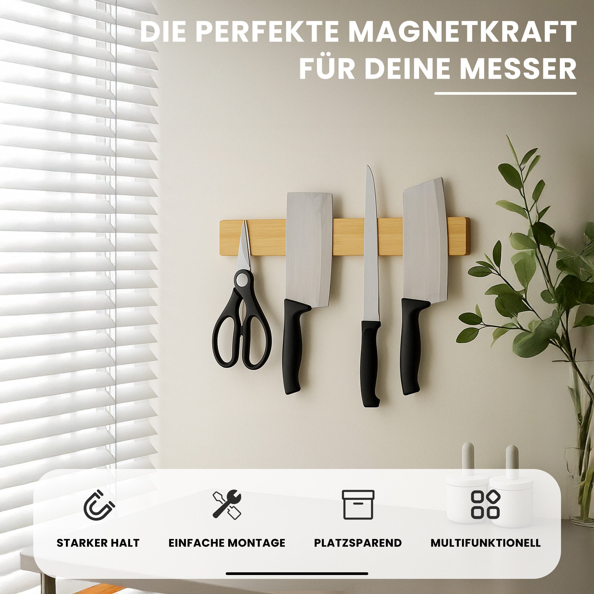 PROREGAL® Wand-Magnet Messerhalter Messerhalter aus Bambus 6,2x2,1x40cm Inkl. 3 silberne Haken Bambus, Extra stark magnetischer Messerstreifen zum Kleben oder Schrauben