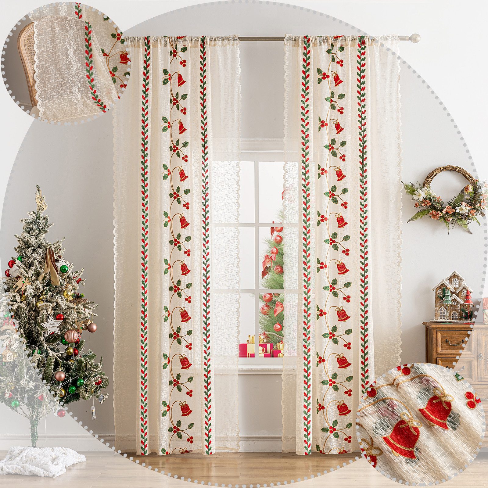 Jibenhome Gardine Weihnachtsgardine Creme,Transparent Stickerei Vorhang, günstig online kaufen