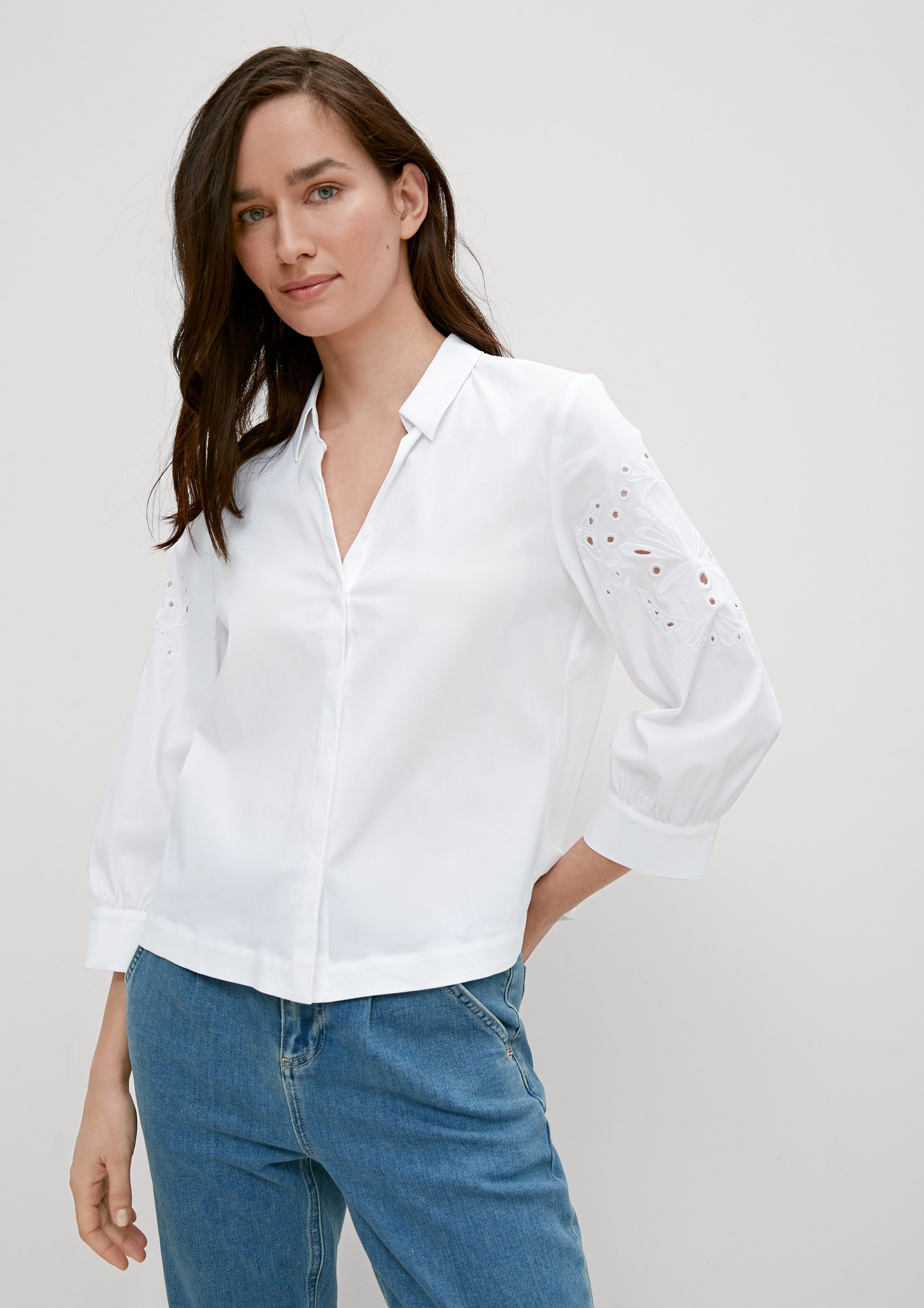 mit Lochstickerei Comma white Bluse Broderie Anglaise 3/4-Arm-Shirt