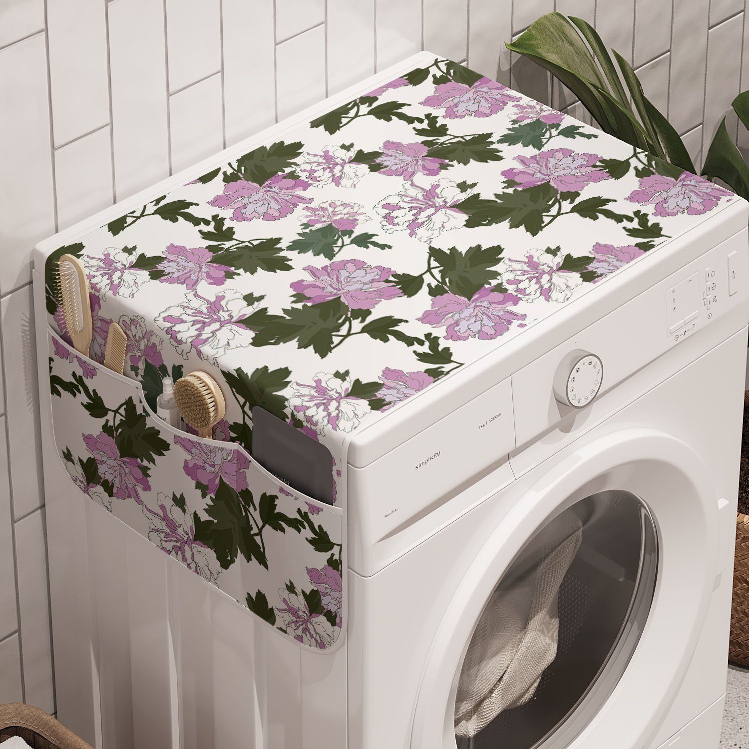 Abakuhaus Badorganizer Anti-Rutsch-Stoffabdeckung für Waschmaschine und Trockner, Pfingstrose Violette Töne Blumen-Blüten