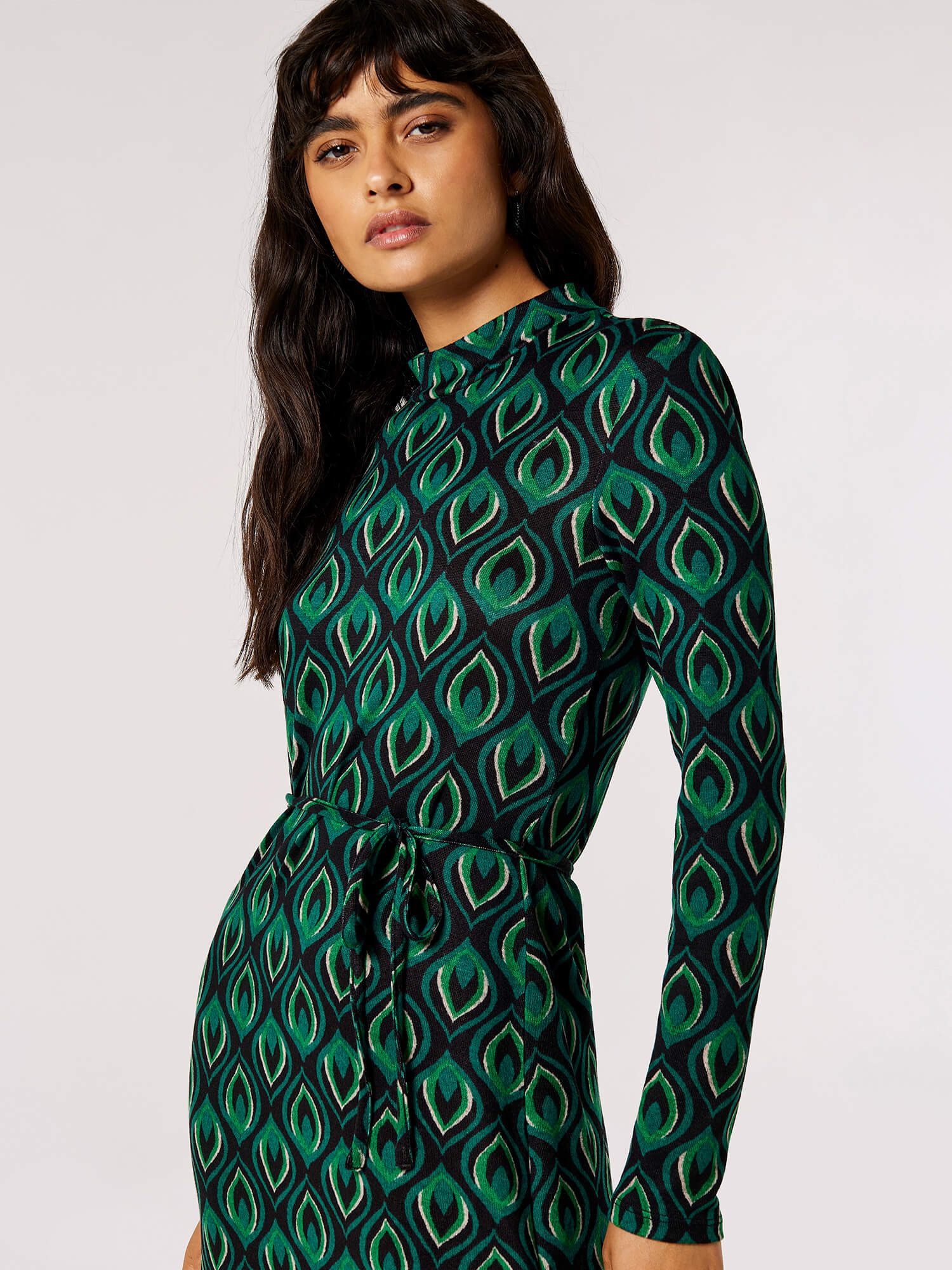 Apricot Druckkleid Geometrisch gemustertes Midikleid (2-tlg., mit Bindeband) mit Bindeband