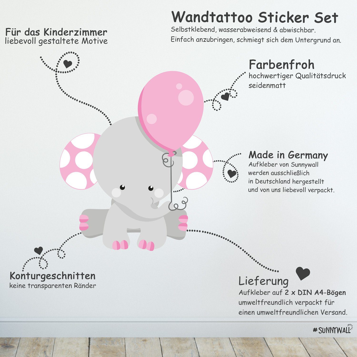 Sunnywall Wandtattoo Elefant Baby Ballons Wandsticker Wandtattoo (2 St), konturgeschnitten