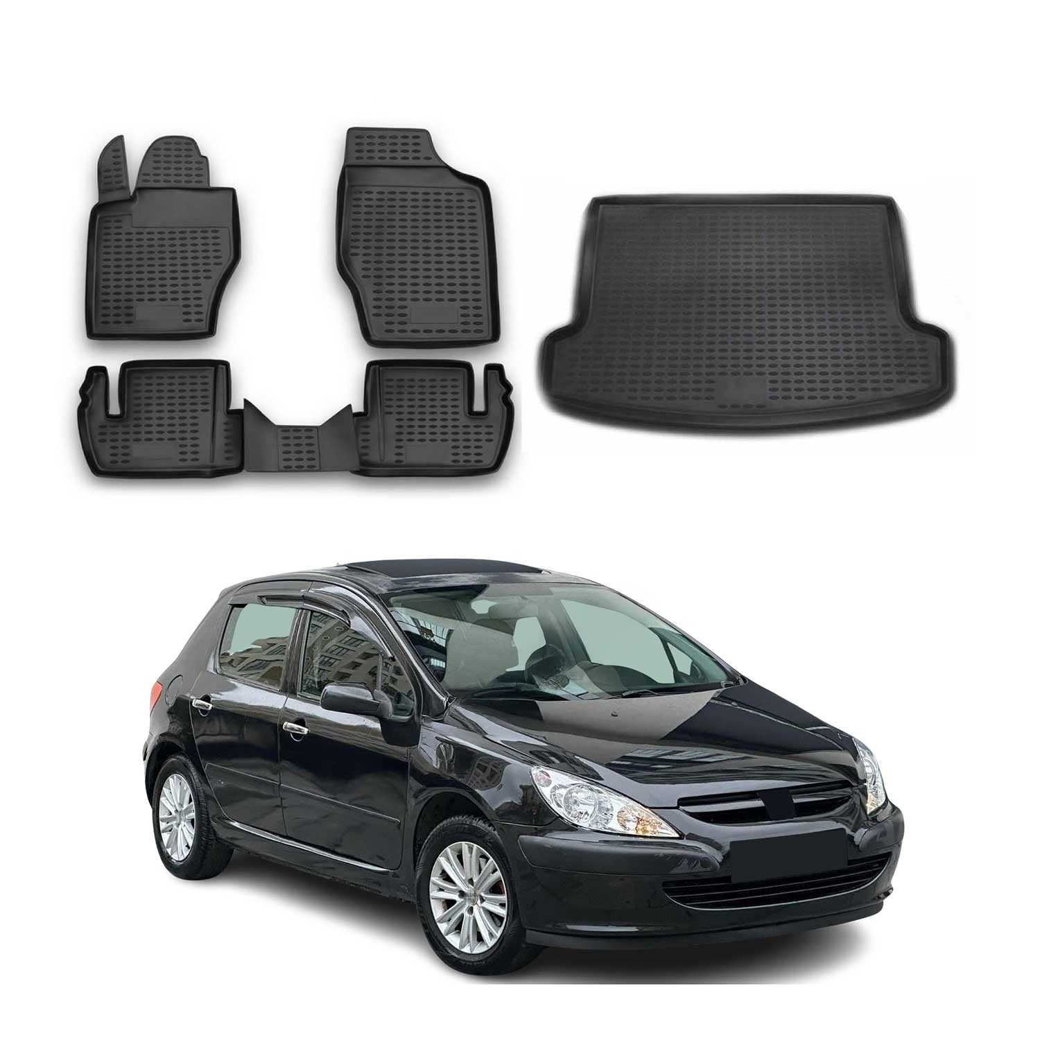 OMAC Auto-Fußmatten Kofferraumwanne Set für Peugeot 307 2001-2008 Station Wagon TPE (5 St), für Peugeot 307 2001-2008 Station Wagon Peugeot 307 2001-2008 Station Wagon, Einfache Installation,Antirutsch,Leicht zu reinigen