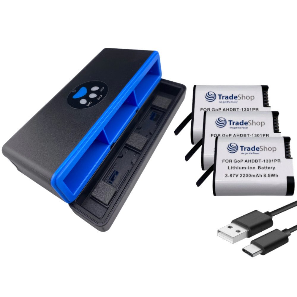 4in1 Set passend für GoPro AHDBT-1301PR CPSS1B - Triple Ladebox + 3x Kamera-Akku
