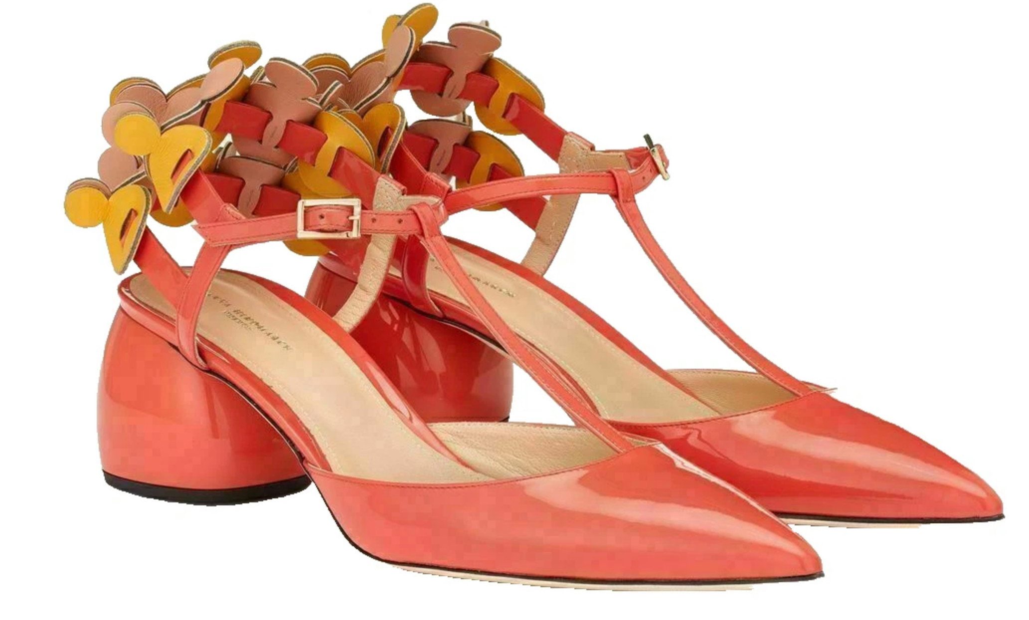 Anya Hindmarch Pointy 55 Lackleder T-Bar Schuhe Honey Orange Made in Italy Туфли Eleganter T-Bar-Riemen mit seitlicher Schließe