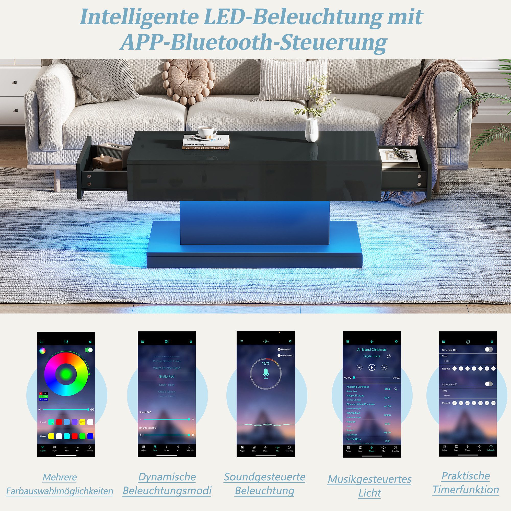 Merax Couchtisch Hochglanz Sofatisch Beistelltisch mit LED-Beleuchtung (1-St), Wohnzimmertisch mit 2 Schubladen & Stauraum, im I-Design, 100x50x45cm – Bild 5 von 5
