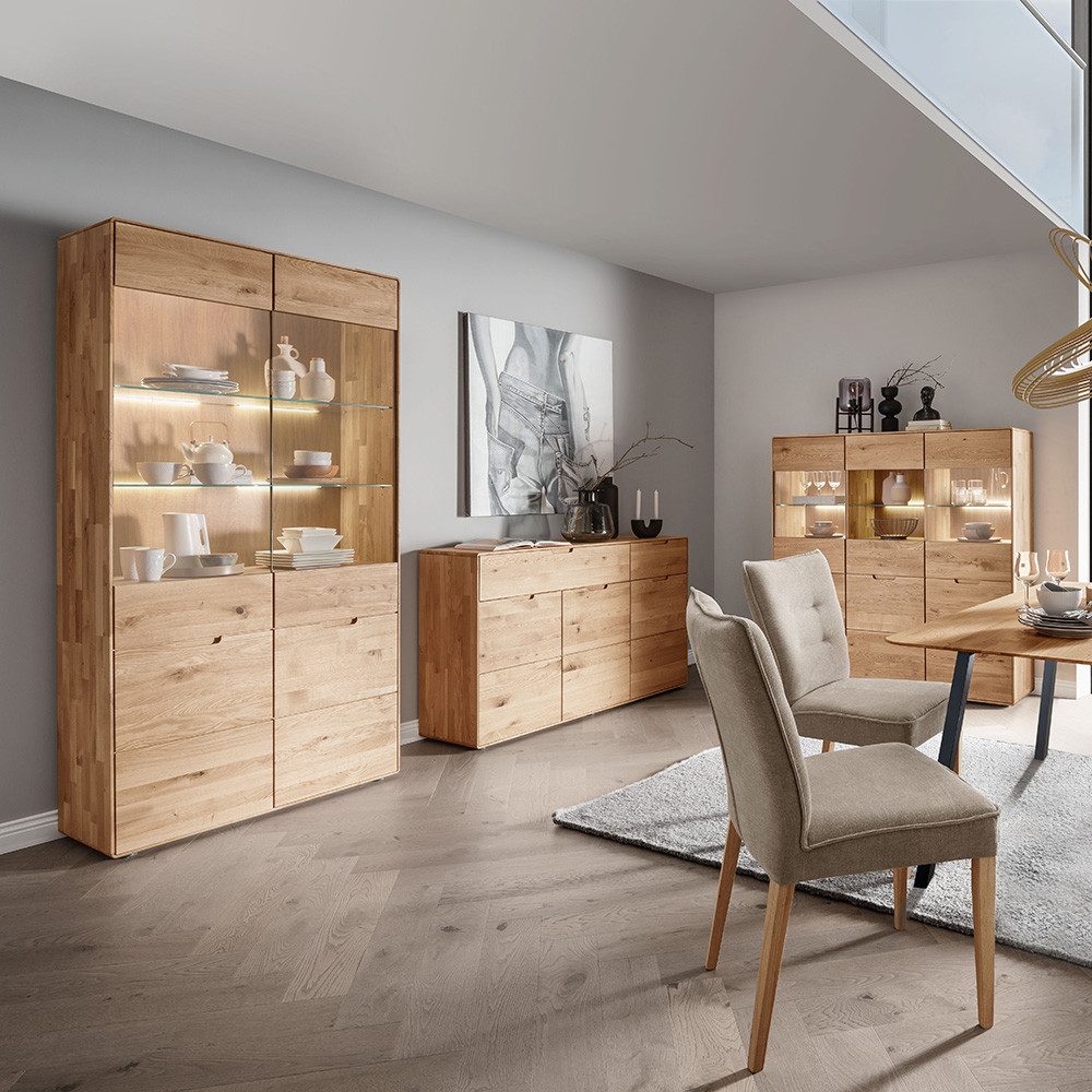 Lomadox Wohnzimmer-Set WISLA-69, (Mega-Spar-Set, 3-St., Highboard Vitrinenschrank Kommode), Eiche massiv, LED Beleuchtung, Griffeinfräsung, Softclose, montiert