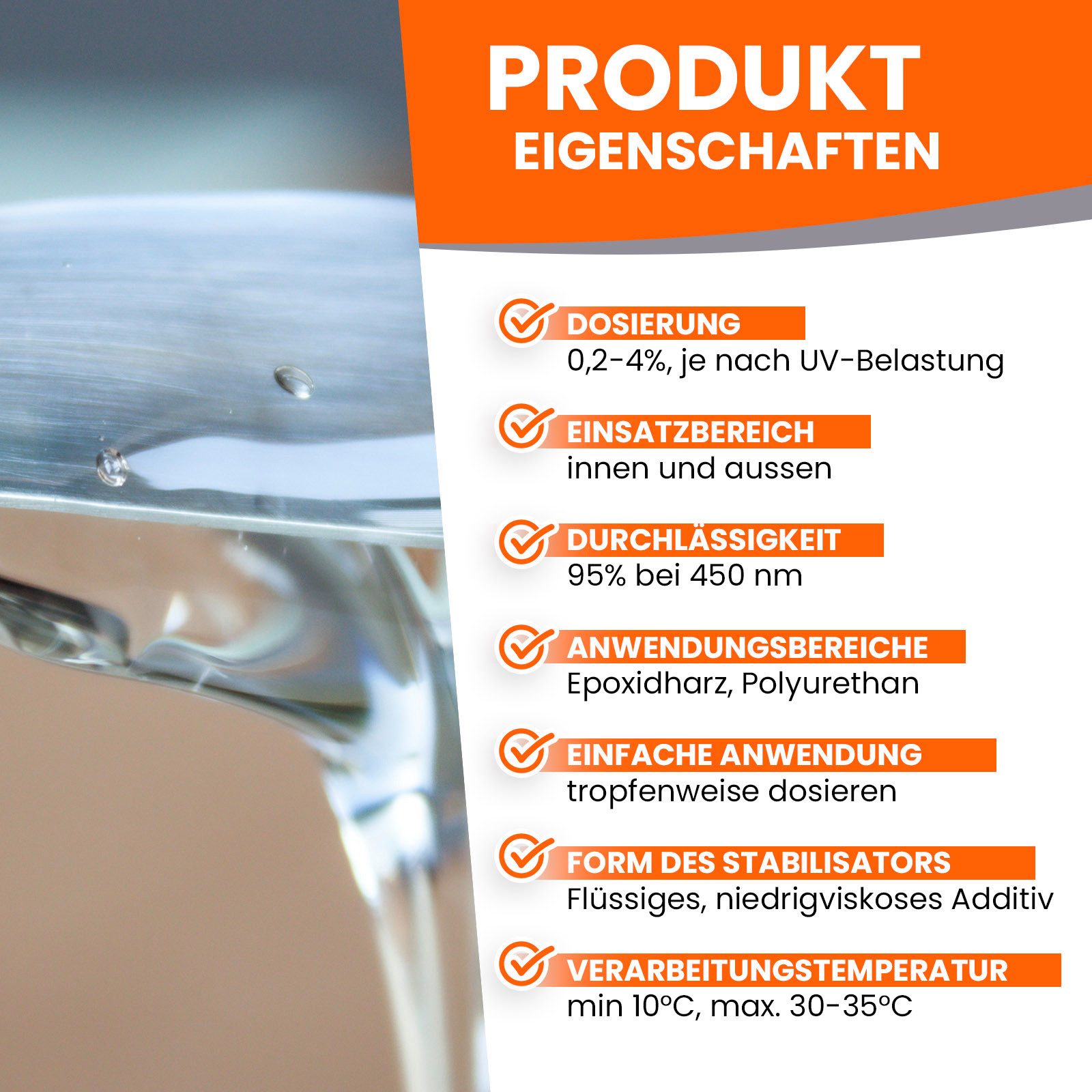BEKATEQ UV-Epoxidharz BO-100 (Epoxidharz, UV-Stabilisator), Niedrigviskoser UV-Absorber, Vergilbungshemmer, keine Eintrübung.
