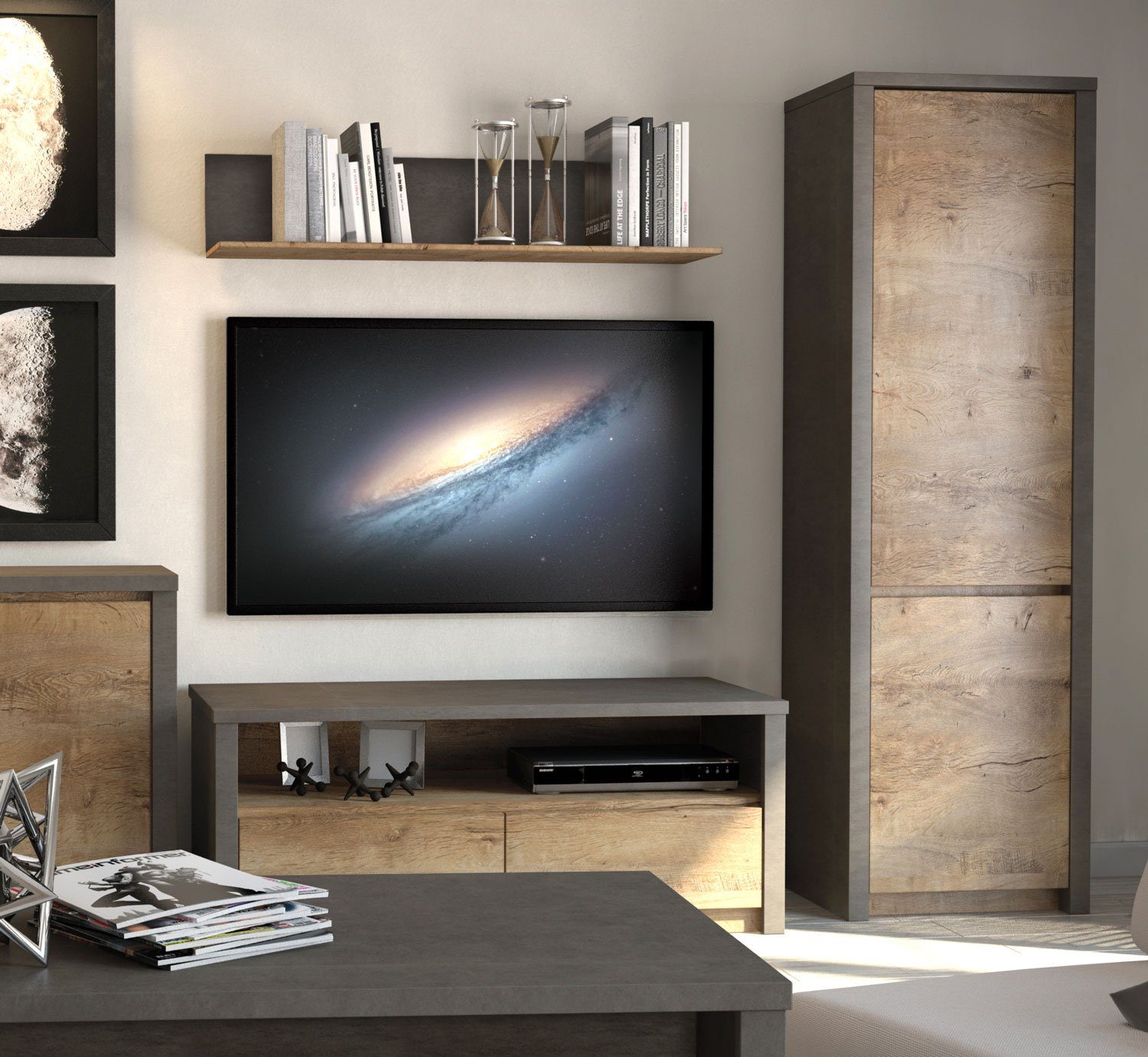 Feldmann-Wohnen Wohnwand Montana, (Set, Wohnwand), Anbauwand 3-teillig eiche lefkas grau grifflos