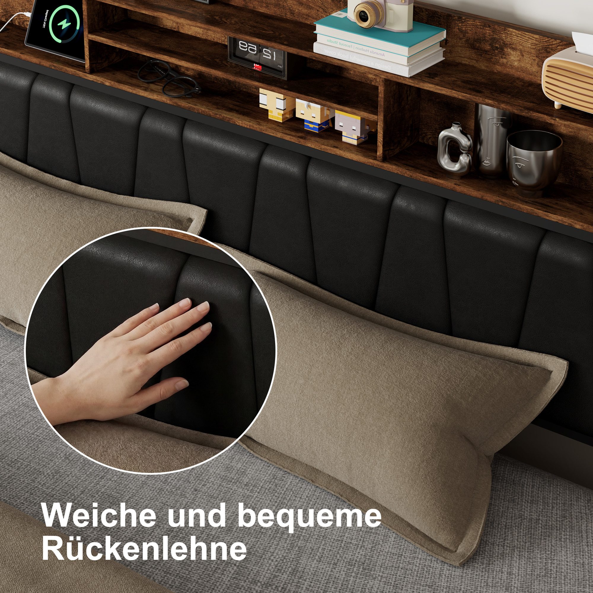 Yelenaro Polsterbett Stauraumbett Doppelbett mit LED-Beleuchtung (Bettgestell mit Kopfteil,Ladefunktion und 4 Schubladen), Metallbett mit USB&Type-C,Jugendbett  – Bild 5 von 5