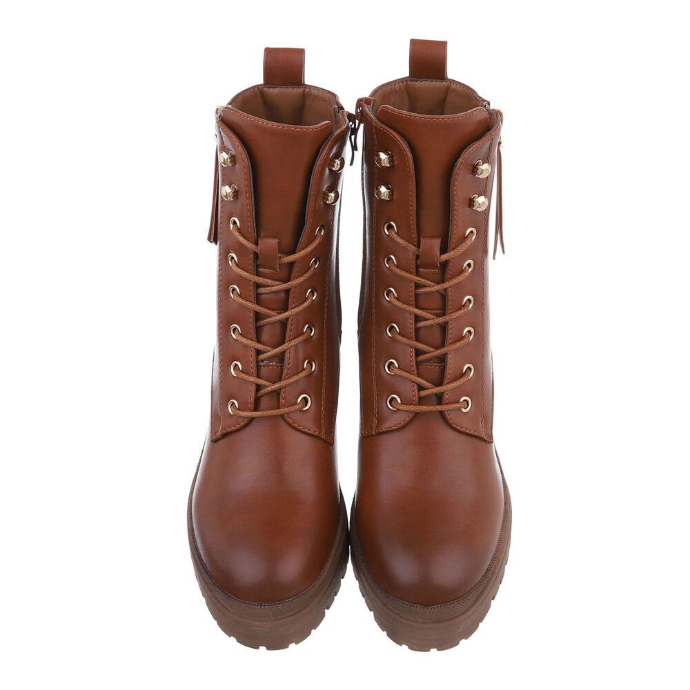 Ital-Design Trendige Stiefeletten mit Reißverschluss und Schnürung Schnürstiefelette (84338040) Blockabsatz High-Heel Stiefeletten in Camel