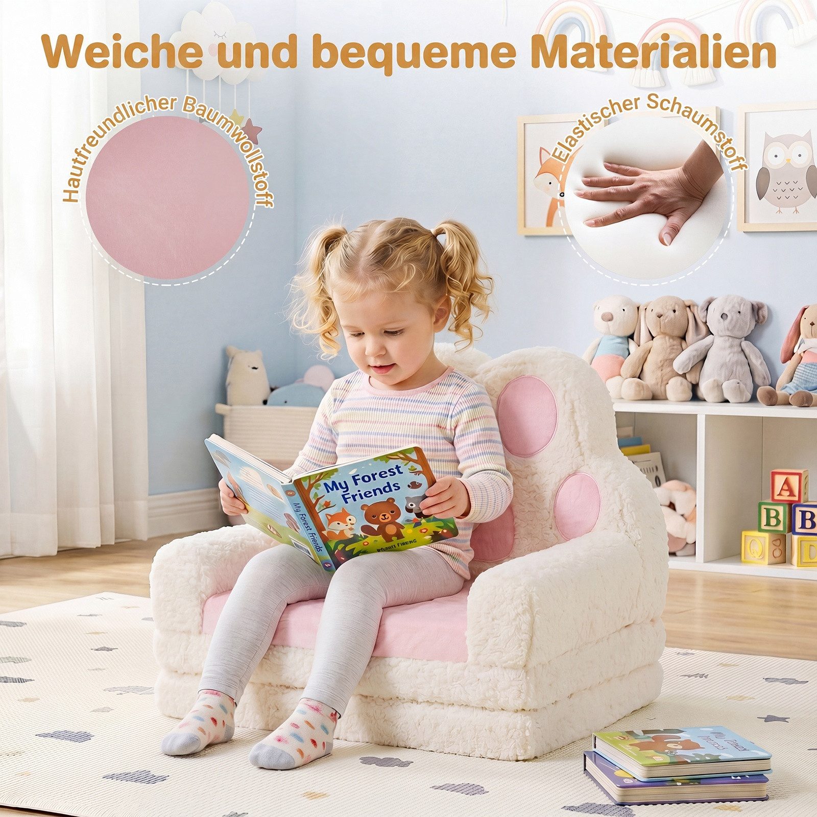 COSTWAY Kindersofa 2 in 1 Kindersessel, Ausklappbar in Bärentatzen Form, Spielsofa, Kindercouch – Bild 4 von 5