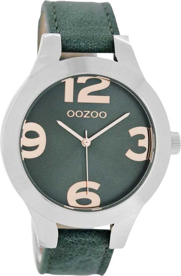 OOZOO Quarzuhr Oozoo Quarz-Uhr Damen silber Timepieces, Damenuhr  Lederarmband grün, rundes Gehäuse, groß (ca. 42mm)