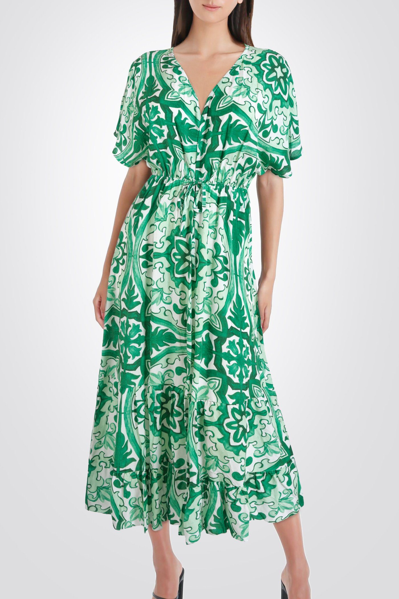 PEKIVESSA Sommerkleid Midikleid gemustert mit V-Ausschnitt (1-tlg) und Volants grün-ecru