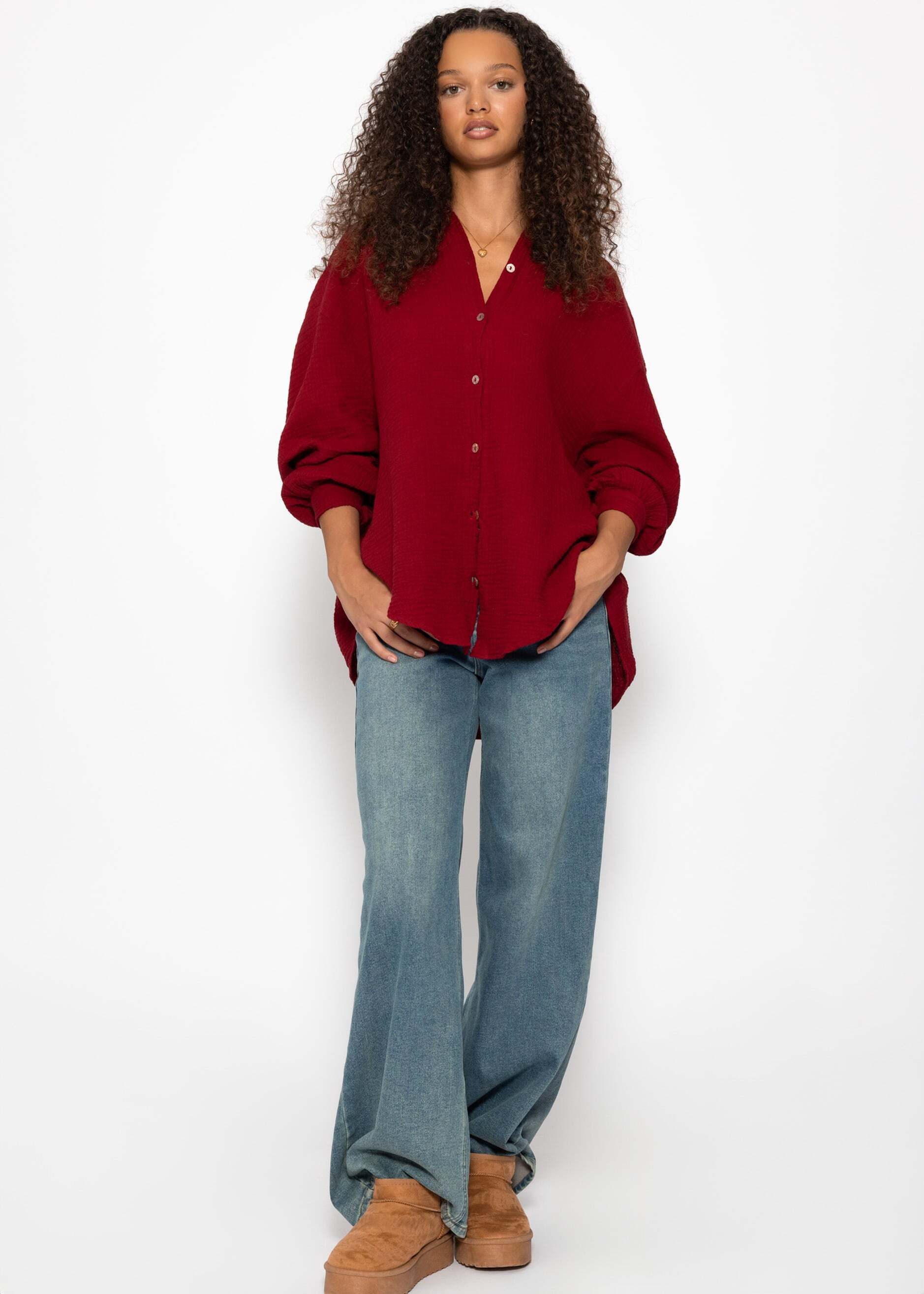 SASSYCLASSY Longbluse Oversize Musselin Bluse Damen kurz Langarm Elegant Hemdbluse lang aus Baumwolle mit V-Ausschnitt, One Size (Gr. 36-48)