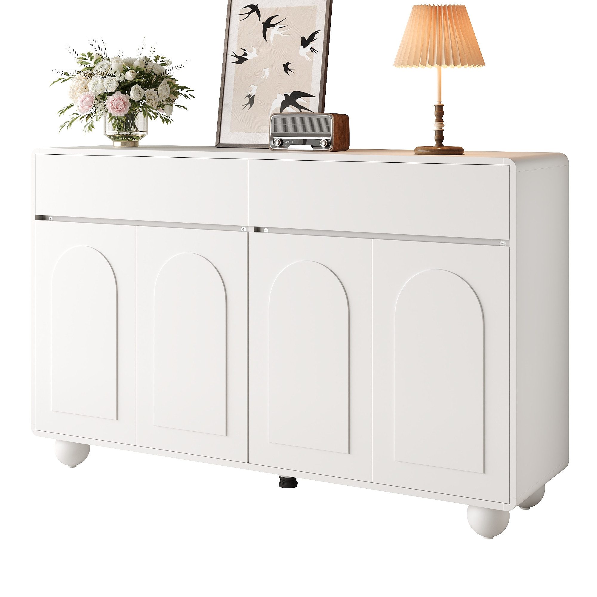 FANNOU Sideboard Wohnzimmer mit geschwungenen Türen, 140x89x38cm, moderner Stauraumschrank aus PB und MDF, runde Metallfüße