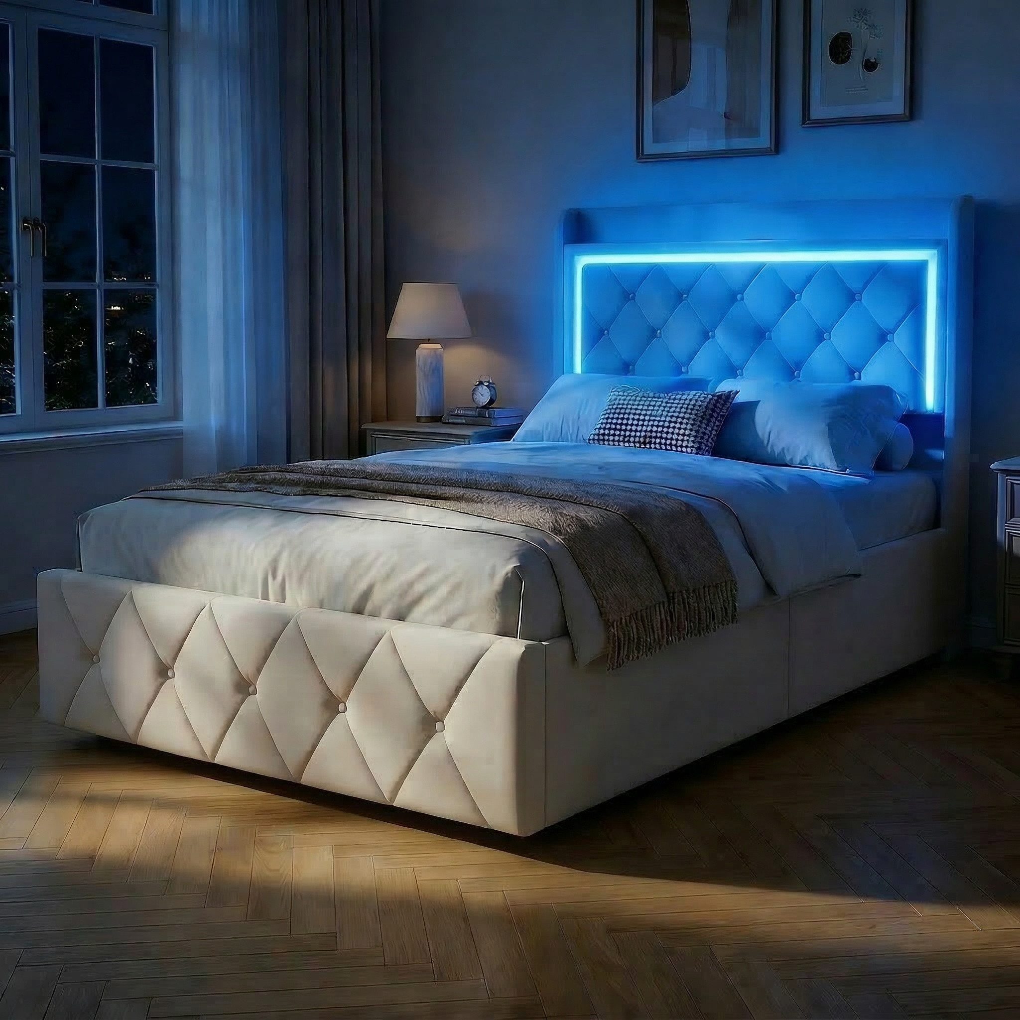 Furnishings Home Polsterbett LED Doppelbett 140x200cm, Stauraumbett mit Kopfteil und 4 Schubladen (Samtmaterial Polsterbett mit RGB Beleuchtung), mit Lattenrost und Ladefunktion, mit Komforthöhe, Leises Design Bett