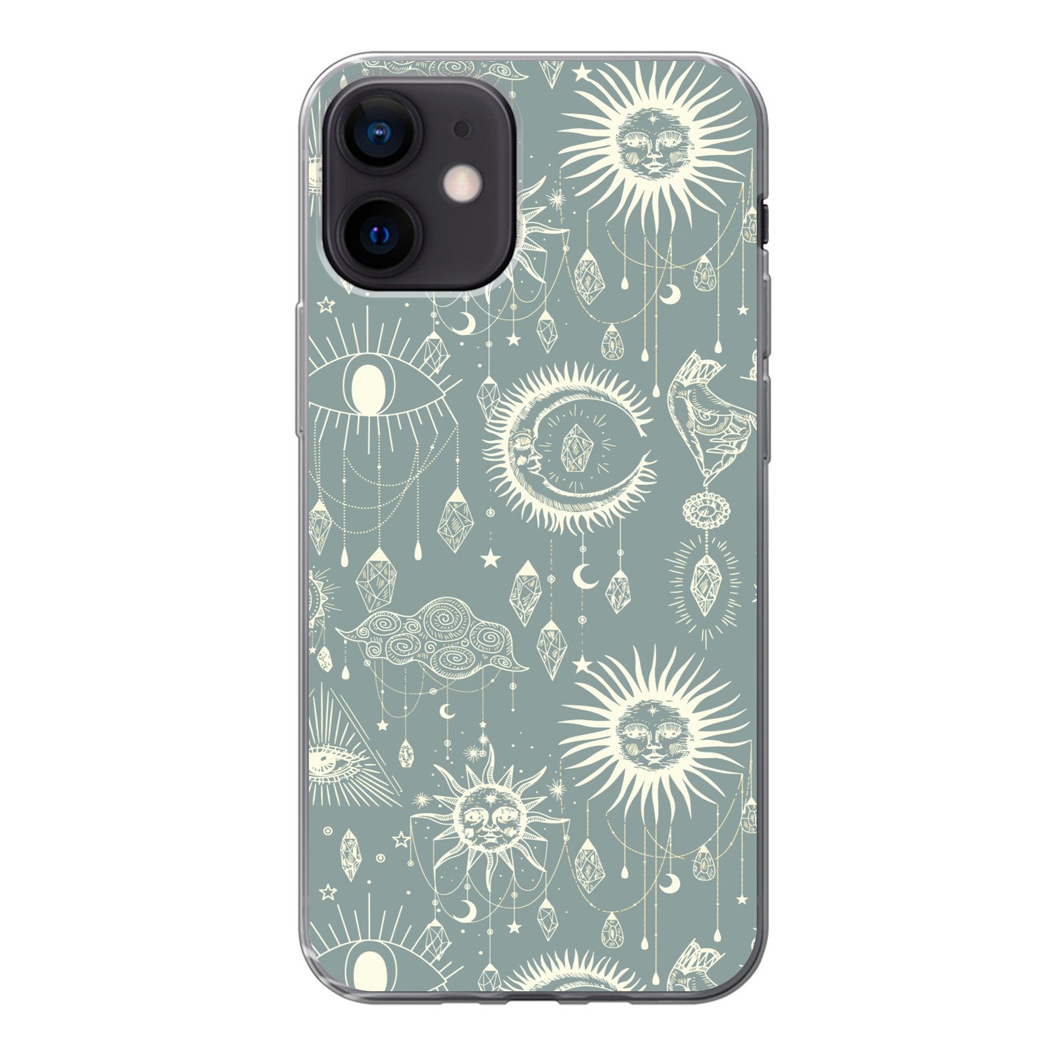 MuchoWow Handyhülle für Apple iPhone 12 Boho - Druck - Blau - Sonne - Augen - Zen, Smartphone-Bumper, Print, Handy Schutzhülle Dünn