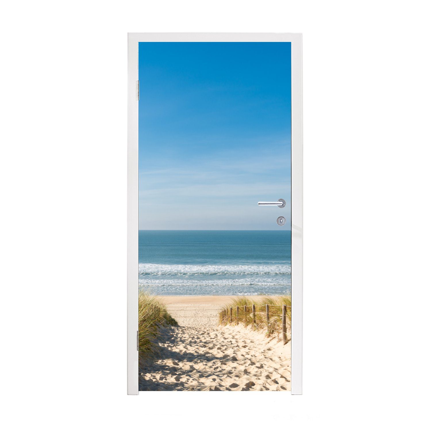 MuchoWow Türtapete Strand - Meer - Düne - Sand - Sommer, Matt, bedruckt, (1 St), Selbstklebende Tapete, Folie für Möbel, 75x205 cm