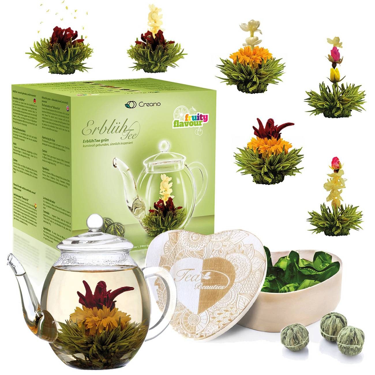Creano Tee 6er Set ErblühTee "Grüner-Tee" in Herz-Holzbox + 500ml Teekanne, 1 x 1 St.