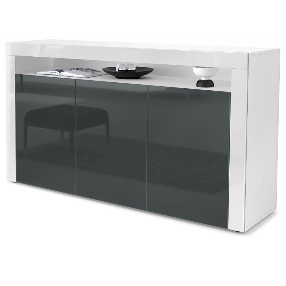 Vladon Sideboard Valencia (Schrank, mit 3 Türen und 1 offenem Fach), Weiß / Grau Hochglanz/ (155 x 92 x 40 cm)