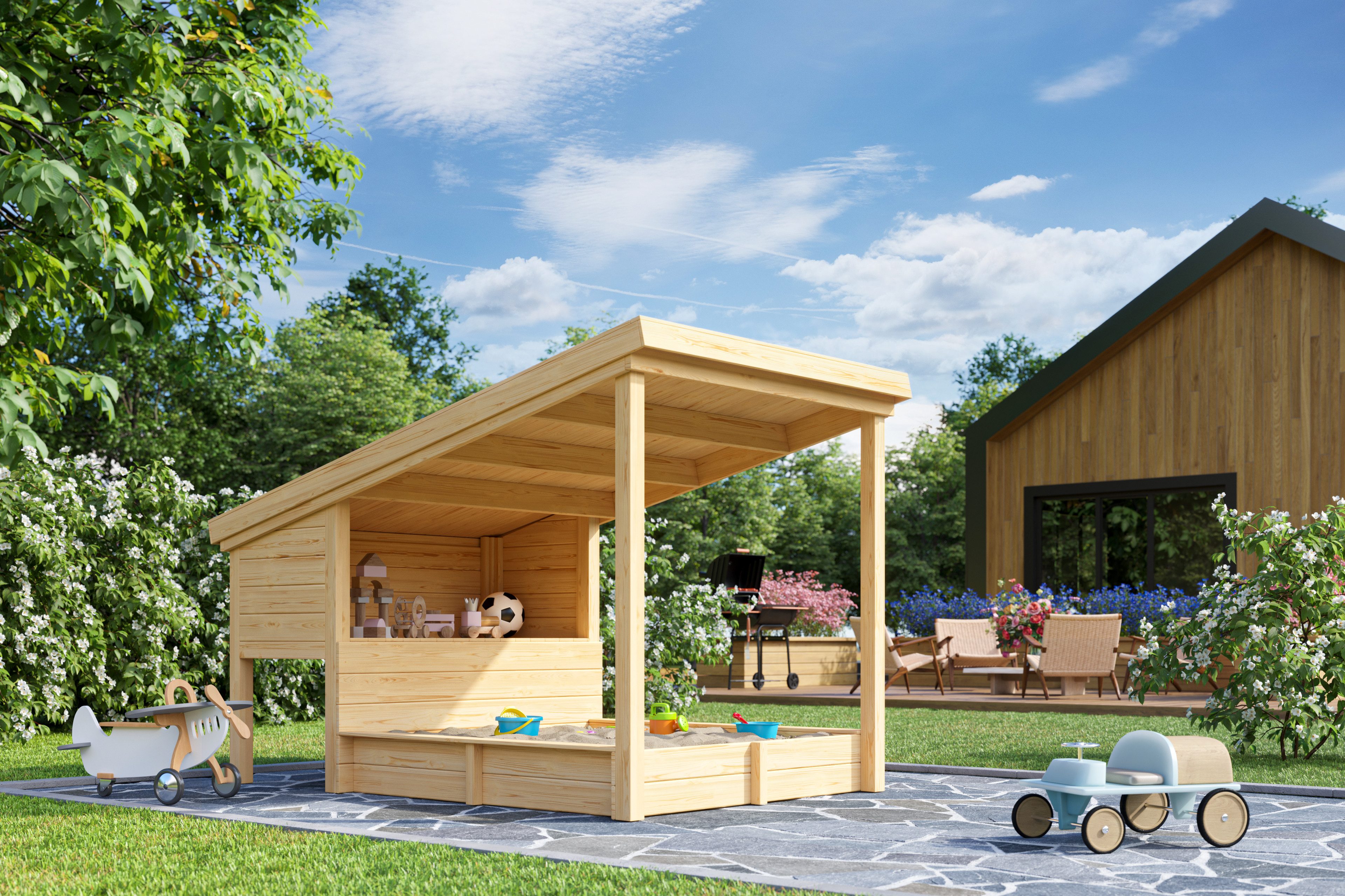 Nordic Holz Sandkasten PIPPI 1, Spielelement mit Überdachung, BxTxH: 164x220x179 cm