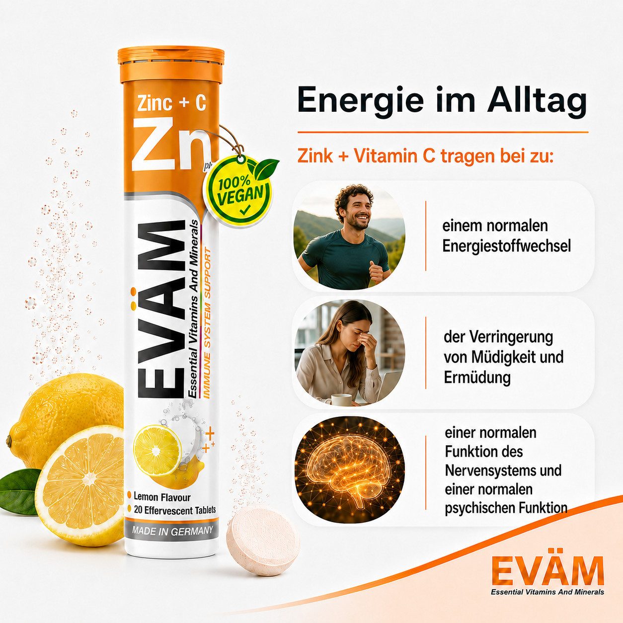 EVÄM Zink + Vitamin C Brausetabletten Zitronig Vegan Brausetabletten, 2 er Röhrchen à 20 St., 164 g, made in Germany