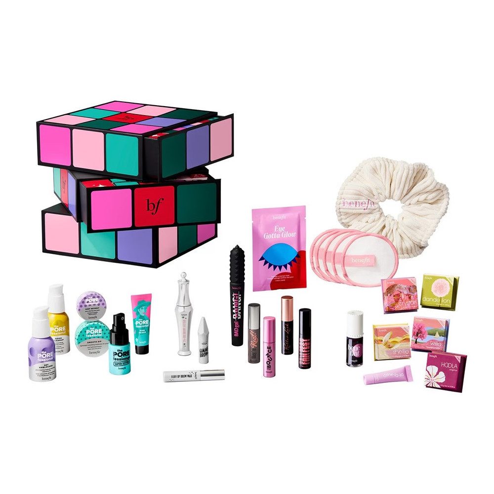 Benefit Adventskalender Benefit Glam Cube Adventskalender 2025 – 24 Beauty-Überraschungen (24-tlg), 24-teilig, Mix aus Full Size, Minis & Fun Sizes im Glam Cube Design