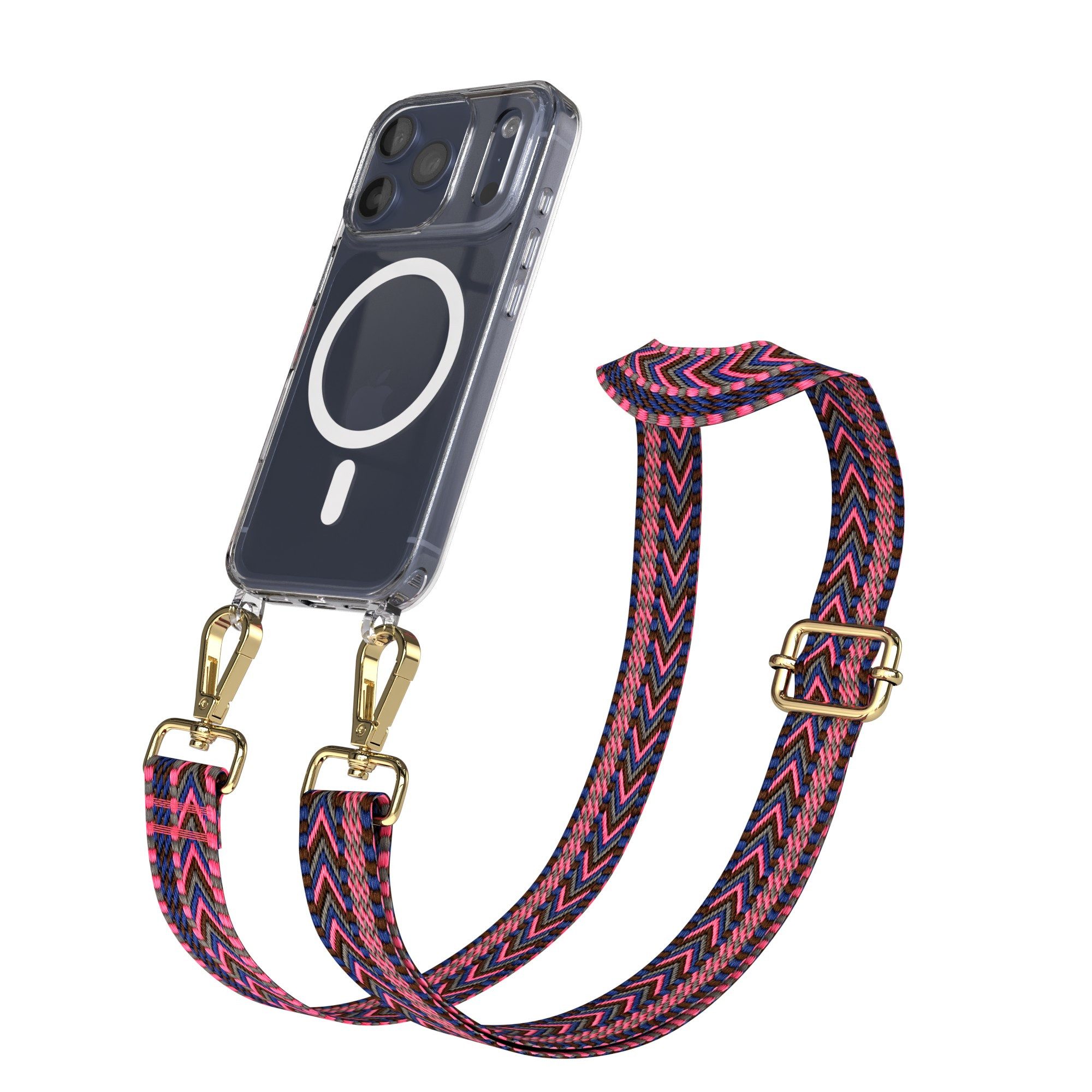 EAZY CASE Handykette Umhängeband MagSafe Hülle für Apple iPhone 17 Pro 6,3 Zoll, Verstellbarer Trageriemen mit Case transparent DIY Gürteltasche Pink