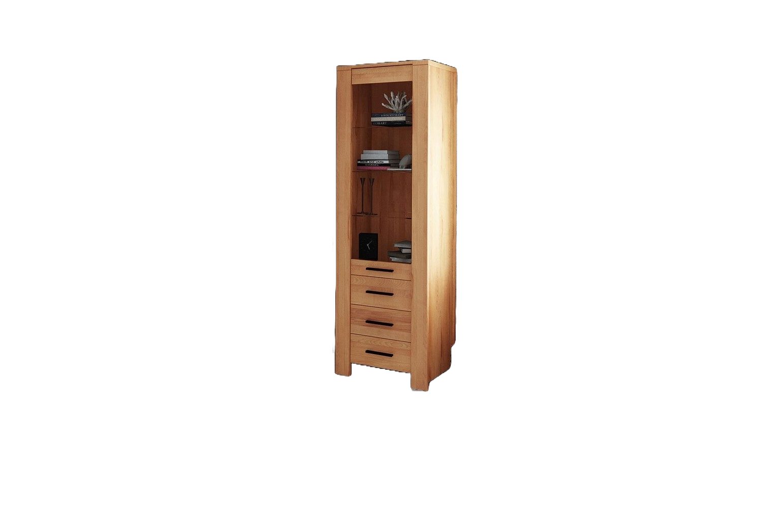 Natur24 Highboard Vitrine Lubic Kernbuche massiv 67x45x205 Glas Schubladen Holzbeinen
