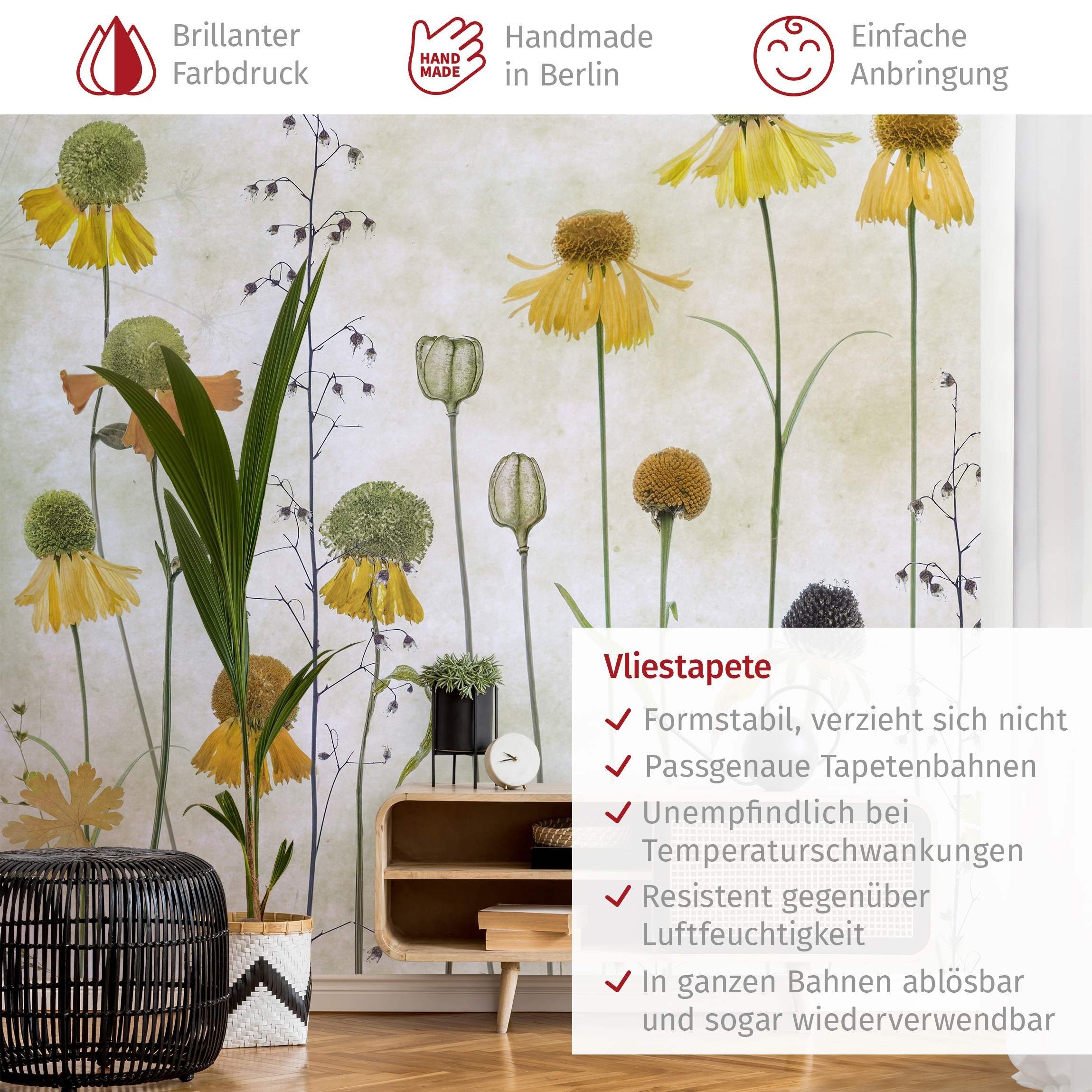 Bilderdepot24 Fototapete Blumen Helenium Blüten Blumentapete Floral Natur Vintage Kunst Gelb, Glatt, Matt, (Vliestapete inkl. Kleister oder selbstklebend), Wohnzimmer Schlafzimmer Küche Flur Motivtapete Vliestapete Wandtapete