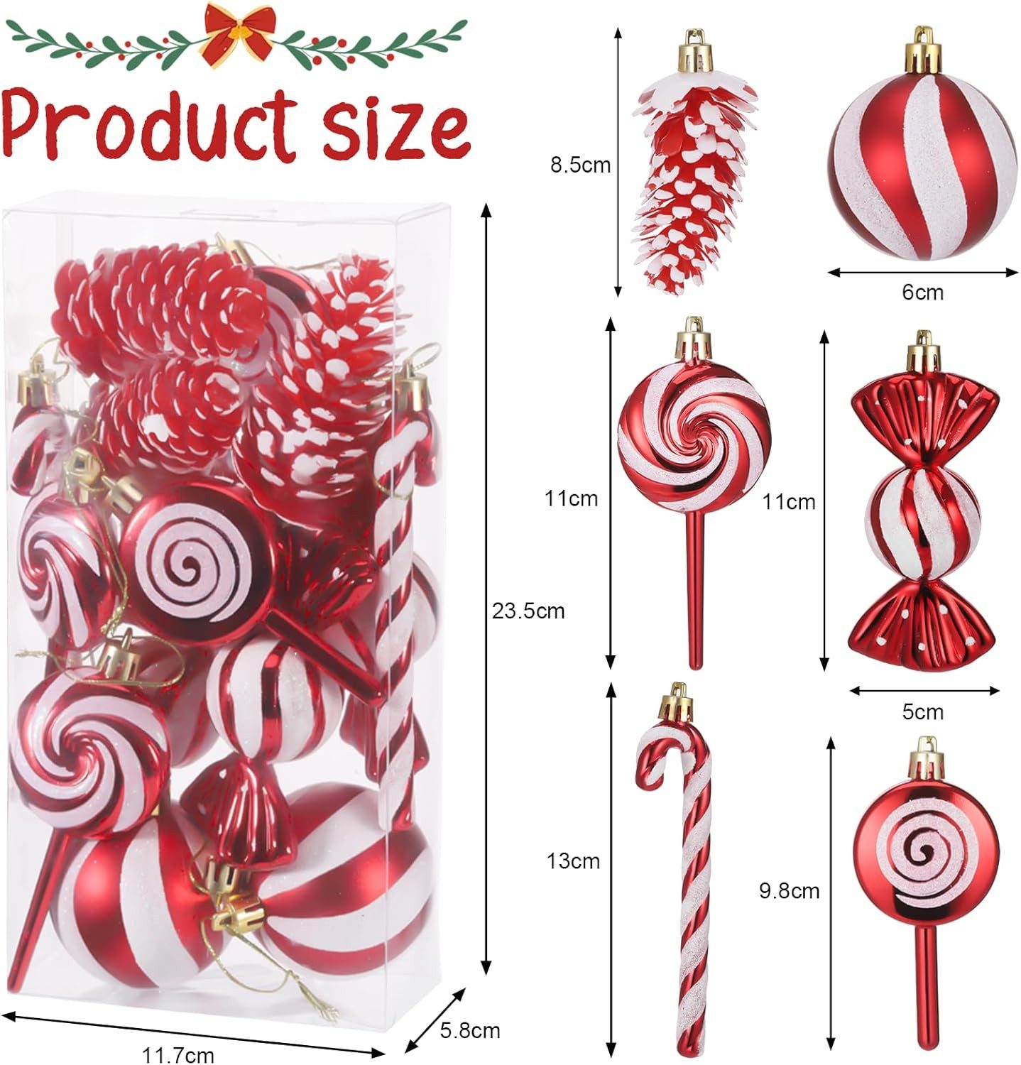 Coonoor Weihnachtsbaumkugel 15-teiliges Weihnachtskugel-Set, Christbaumanhänger, Zuckerstangen, Tannenzapfen, Lutscher, Weihnachtskugeln