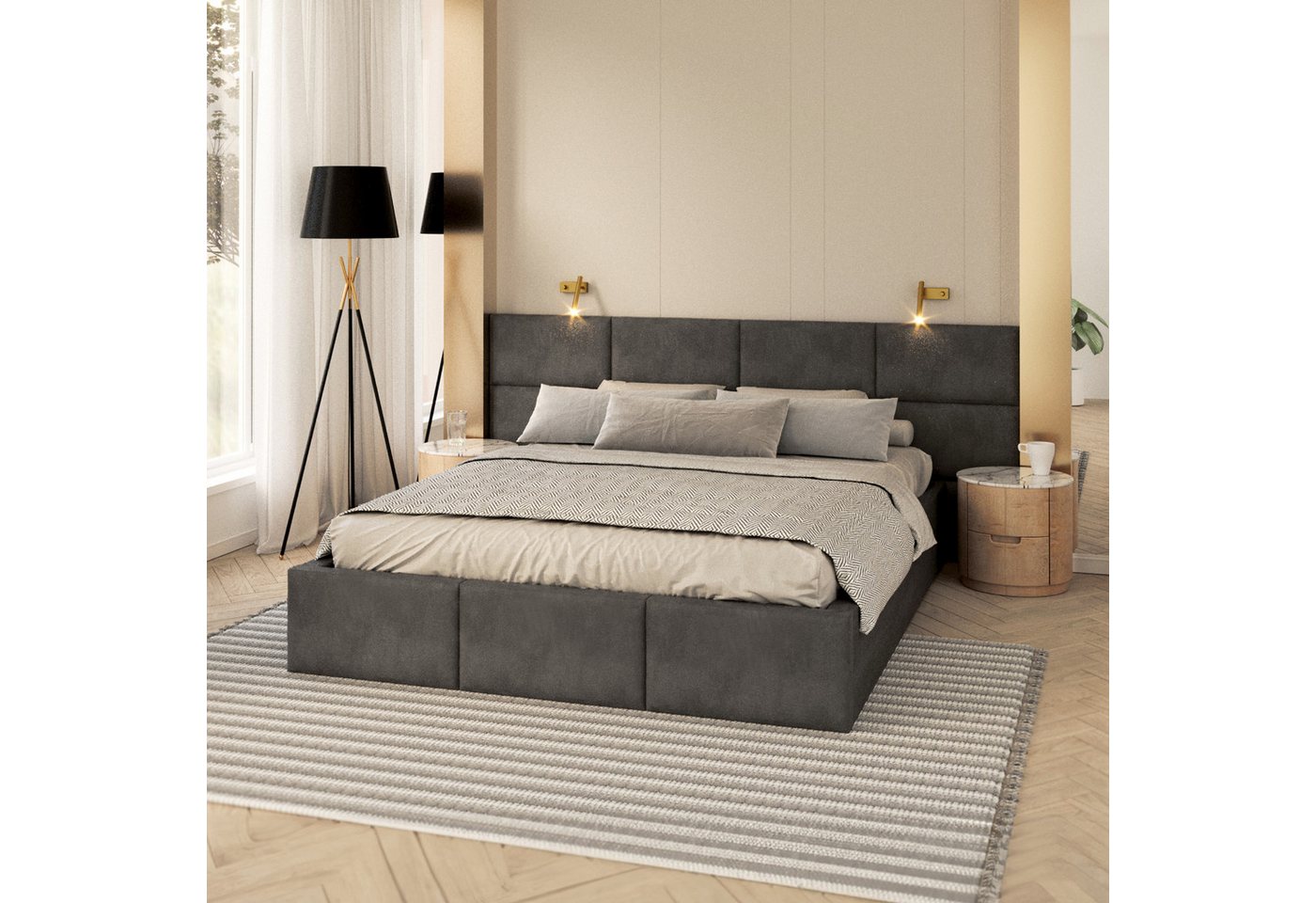 FDM Polsterbett DORIS Bettgestell 90x200, 120x200, 140x200, 160x200, 180x200 (verfügbar 90x200 120x200 140x200 160x200 180x200cm, Bettrahmen, Bett, mit großen gepolsterten Kopfteil, mit Bettkasten zum aufklappen), Hebbarer Metallrahmen, Bettkasten, ohne M