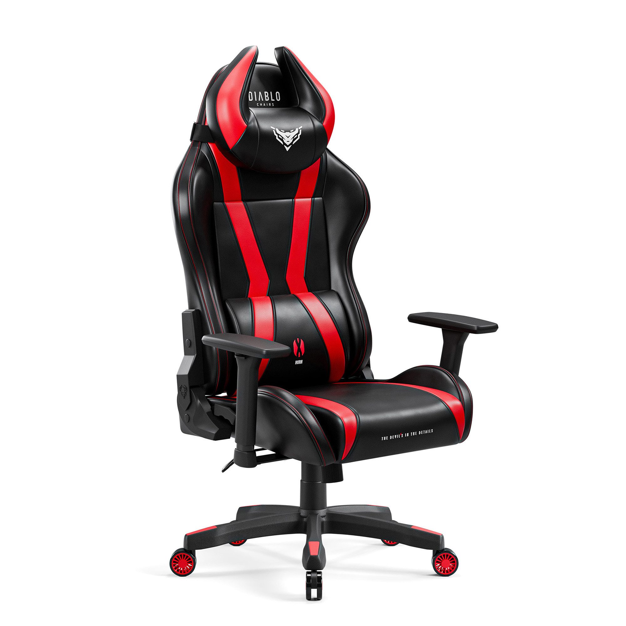 DIABLO CHAIRS Gaming-Stuhl X-Horn 2.0 HDS Kunstleder ergonomisch 3D-Armlehnen Kopfstütze (3D-Armlehnen, Memory-Schaum, HDS Kunstleder, Normal L King XL), Lendenkissen Wippfunktion 160° Metallbasis 2 Größen