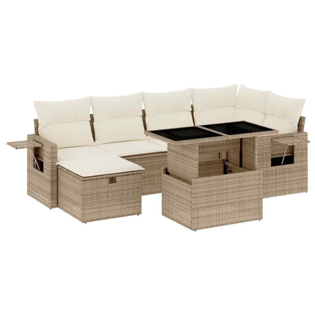 Gartenlounge-Set 7-tlg. Garten-Sofagarnitur mit Kissen Beige Poly Rattan