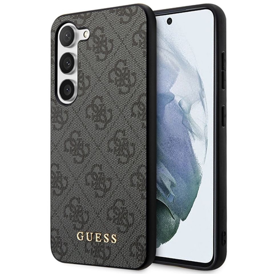 Guess Handyhülle Case Galaxy S24 Plus Kunstleder grau Logo goldfarben 6,7 Zoll, Kantenschutz