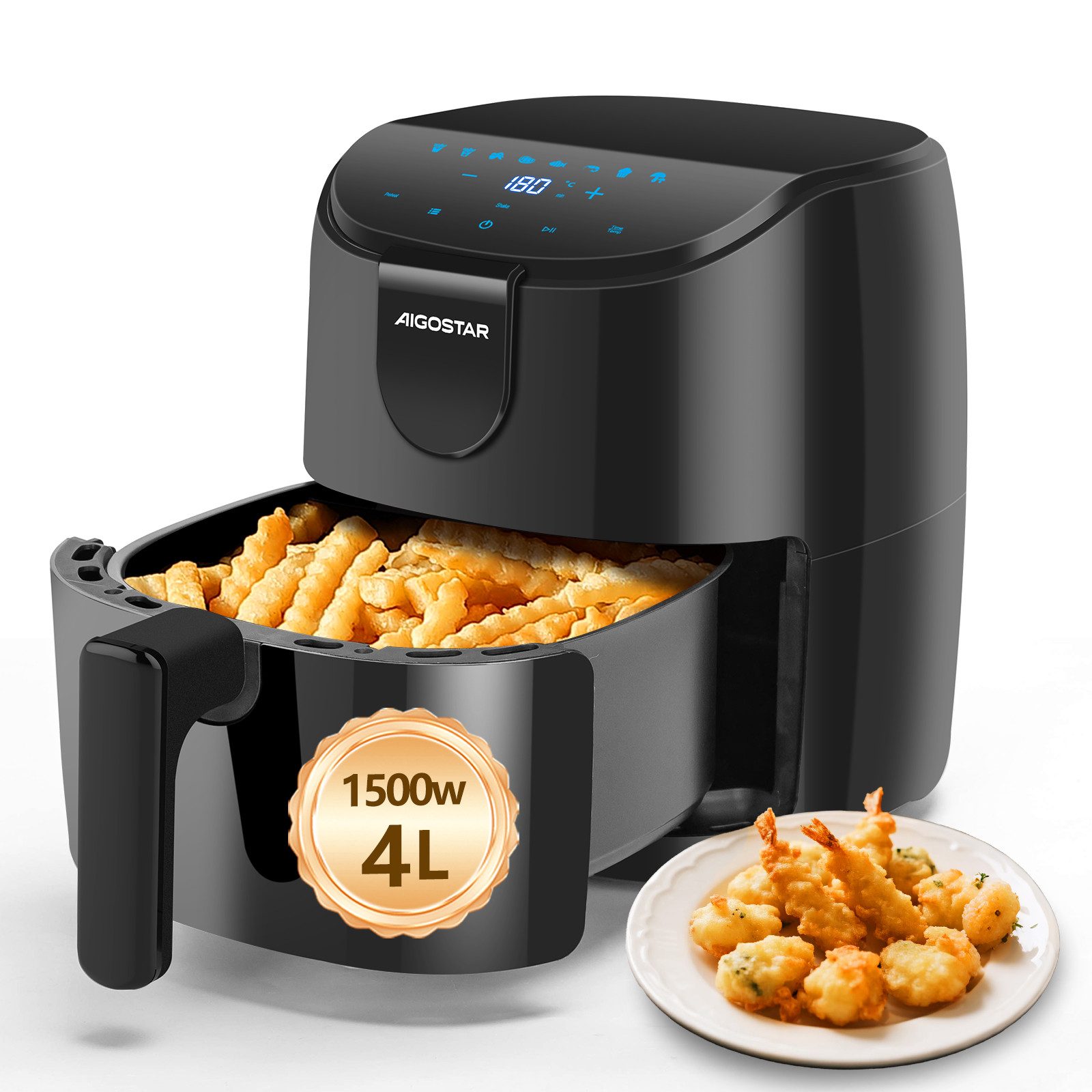 Aigostar Heißluftfritteuse 4L, 9 Programme, LED-Touchscreen, 60 Mins Timer, Intelligente Vorheizfunktion & Shake-Erinnerung, 1500,00 W, Temperaturregelung: 40℃-200℃, Kompaktes Design, Einfache Reinigung