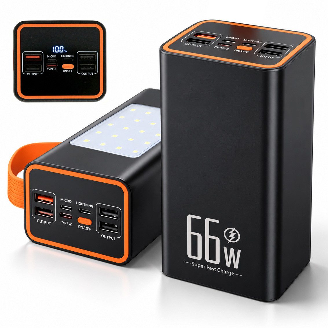 AKKEE 90000mAh power bank 22,5 W Schnellladefunktion mit Lightning Powerbank, Mit Kabel USB-C 3 Leuchtmodi Für camping, wandern, travel