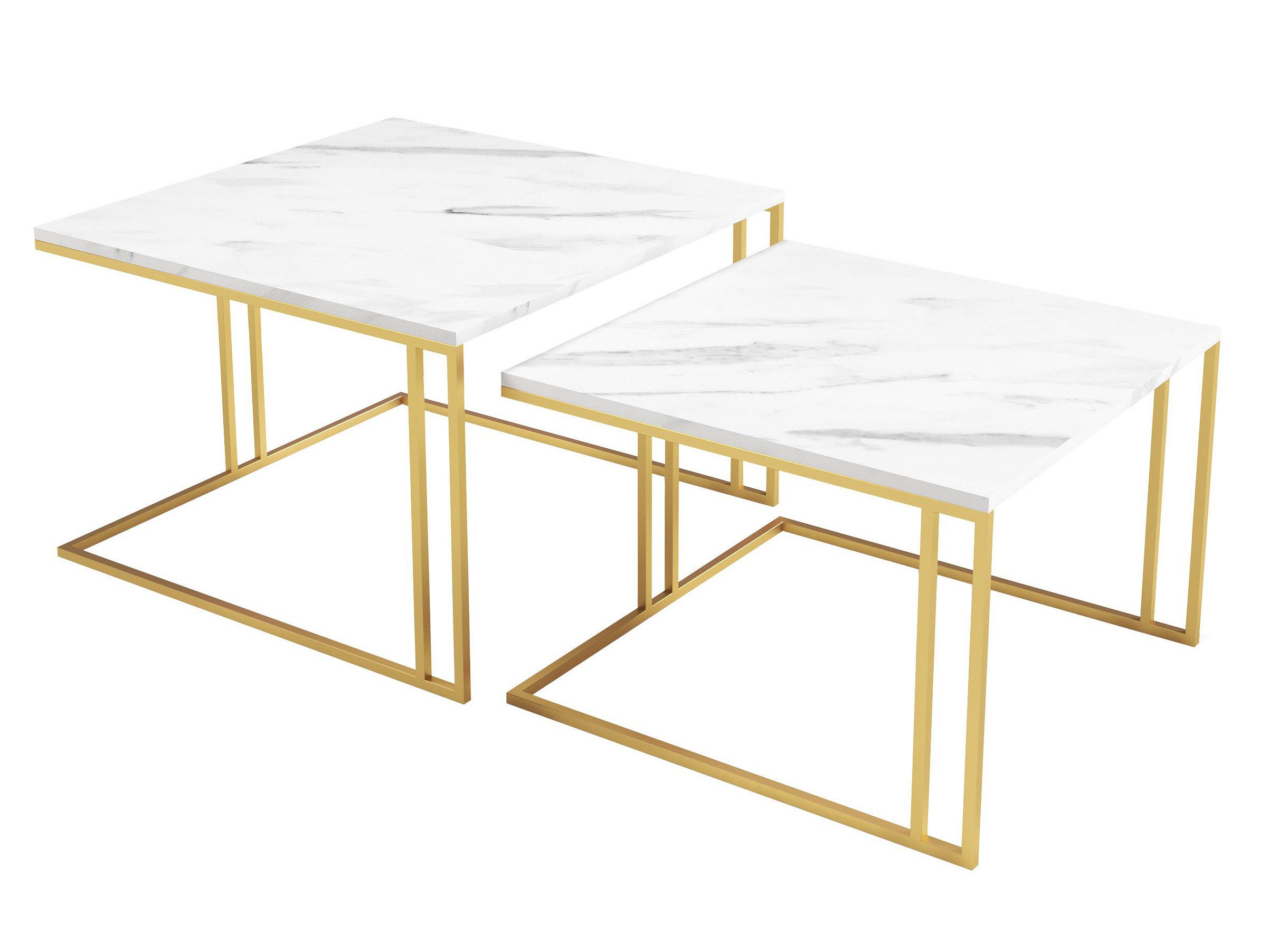 Beautysofa Couchtisch ASTRA im Loft-Stil, marmor tische für wohnzimmer (Wohnzimmertisch in Marmur-Bianco-Optik mit goldfarbenem Gestell, quadratisches Tisch Set), Doppel-Couchtisch, Stahlgestell, kratzfest, pflegeleicht