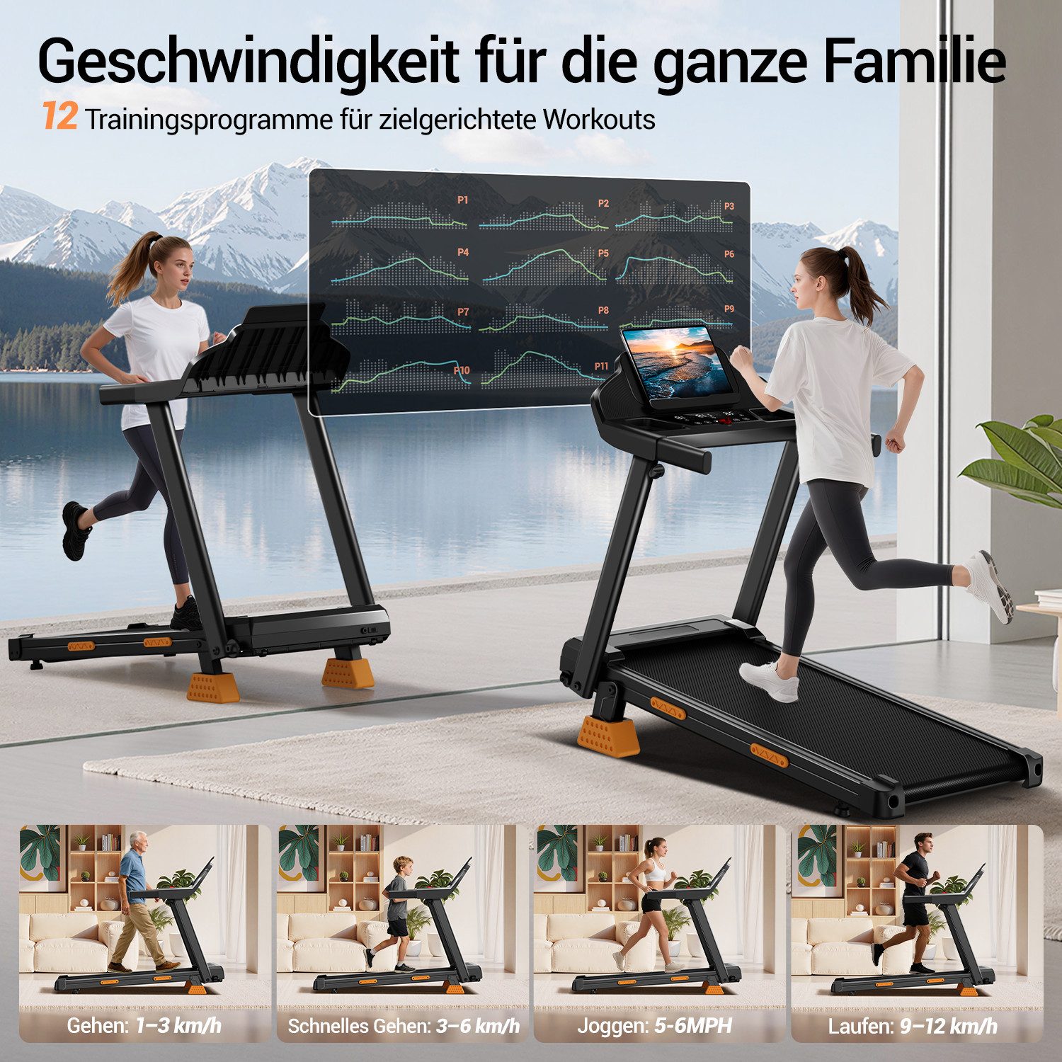 LONTEK Laufband für Zuhause mit 15 % Steigung, 12KM/H Treadmill (1-tlg), 3,0 PS Motor, Belastung 180KG