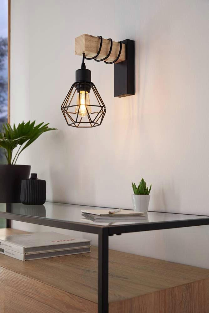 EGLO Wandleuchte TOWNSHEND 5 Wandlampe, Stahl und Holz, E27, IP20, Wohnzimm günstig online kaufen
