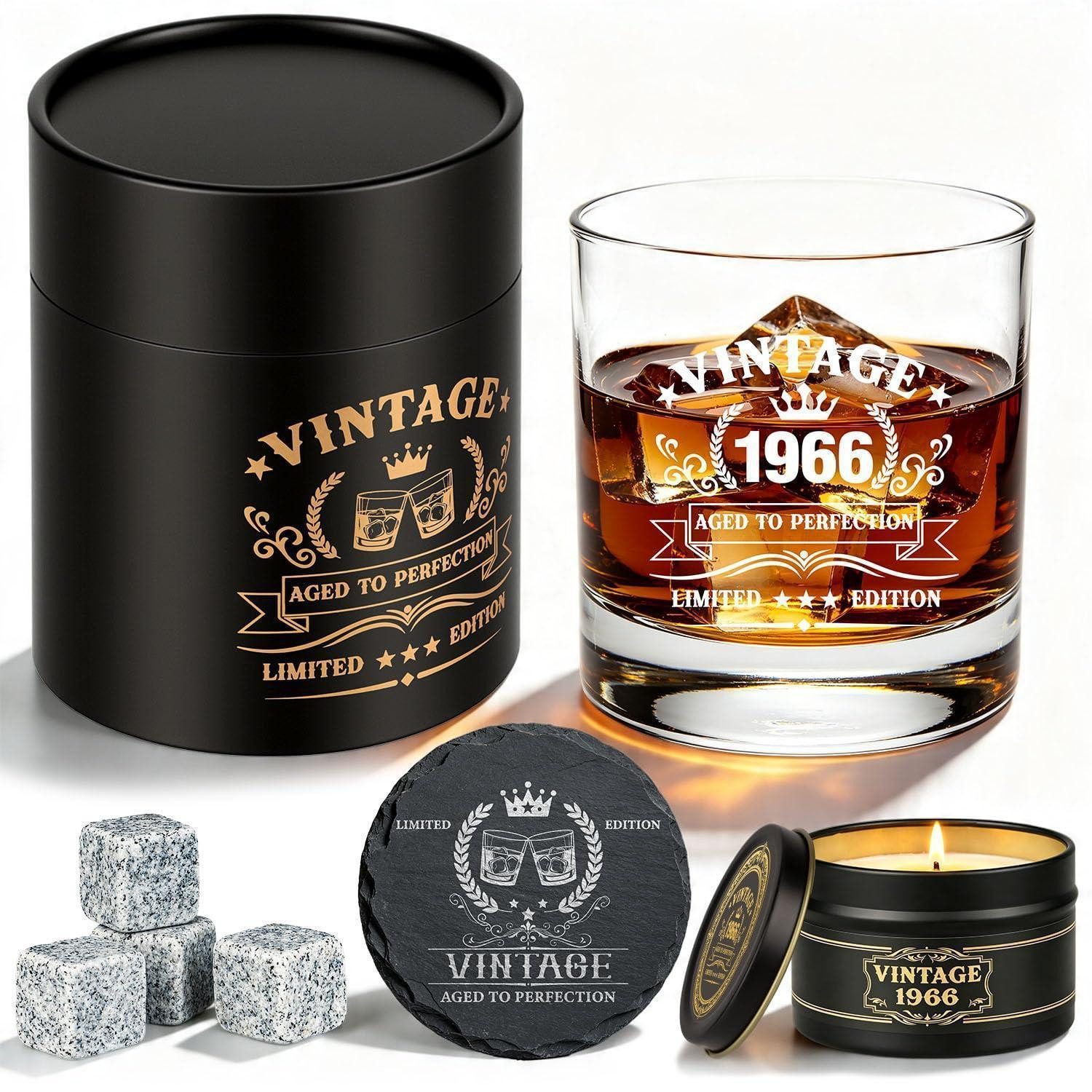 LuxusKollektion Geschenkbox Whisky Geschenkset 1966 Vintage Glas Set Steine Kerze