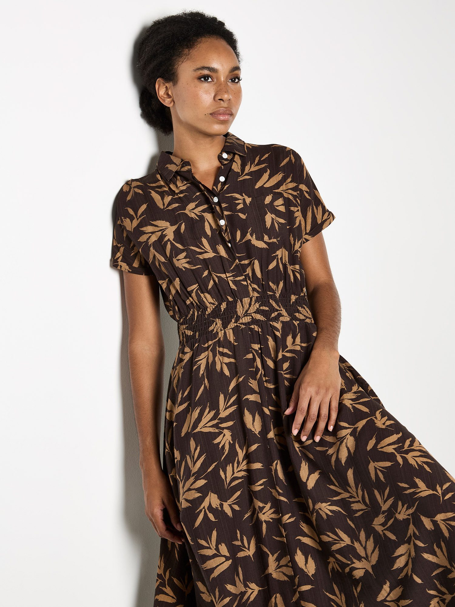 Apricot Midikleid Midikleid mit strukturiertem Blattmuster