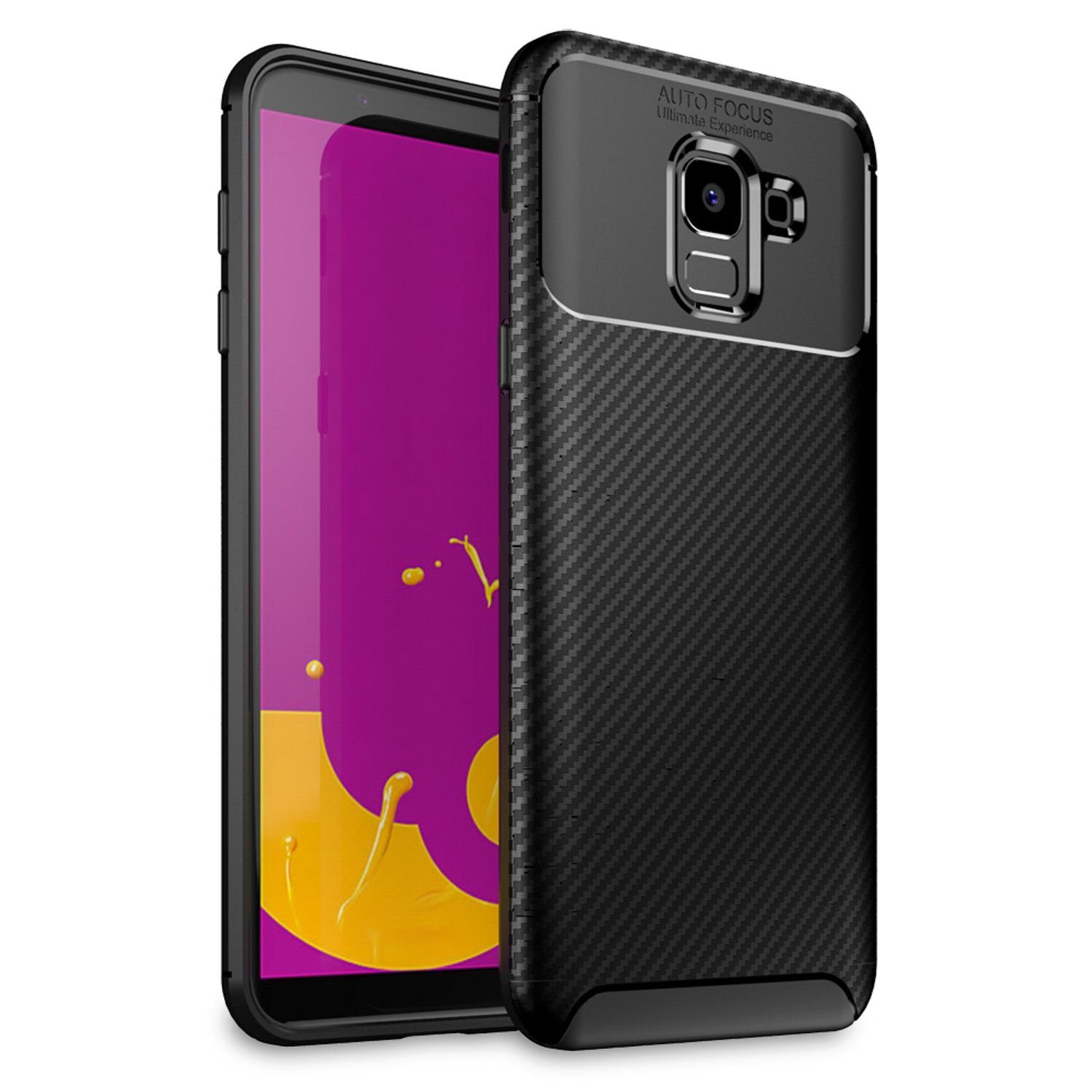 Nalia Smartphone-Hülle Samsung Galaxy J6, Carbon-Look Silikon Hülle / Matt-Schwarz / Anti-Fingerabdruck / Rutschfest Stoßfest Kratzfest / Karbon-Optik Schutzhülle / Slim Cover Soft Case Etui Handy-Tasche Backcover / Handy-Schale Backcase Handycover Handycase