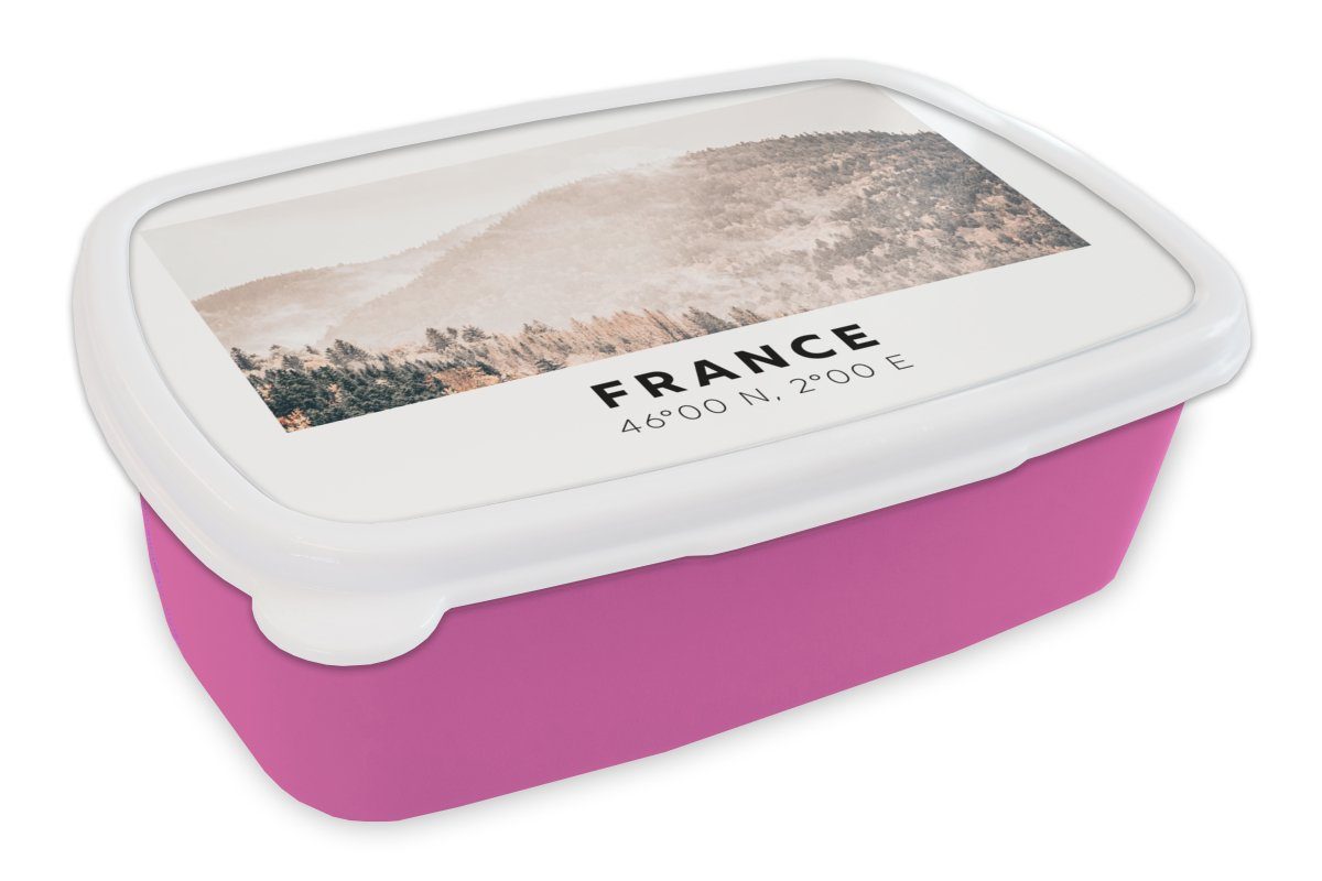 MuchoWow Lunchbox Frankreich - Wald - Berge, Kunststoff, (2-tlg), Brotbox für Erwachsene, Brotdose Kinder, Snackbox, Mädchen, Kunststoff rosa