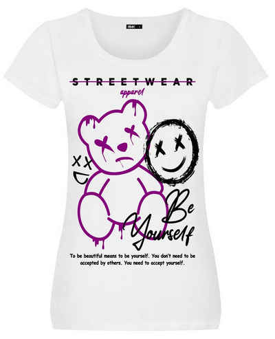 RMK T-Shirt Damen Shirt kurzarm Rundhalsshirt mit modischem Frontdruck "Teddy Bär"