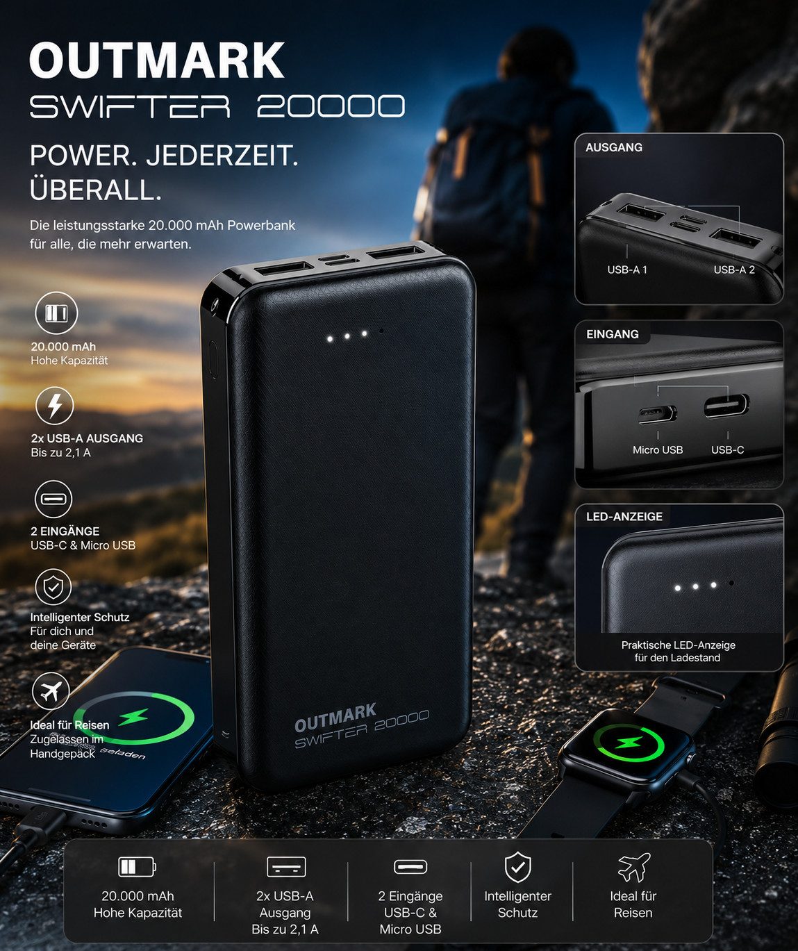 OUTMARK Swifter 20000mAh Outdoor 2x USB-A Powerbank Akku Powerbank