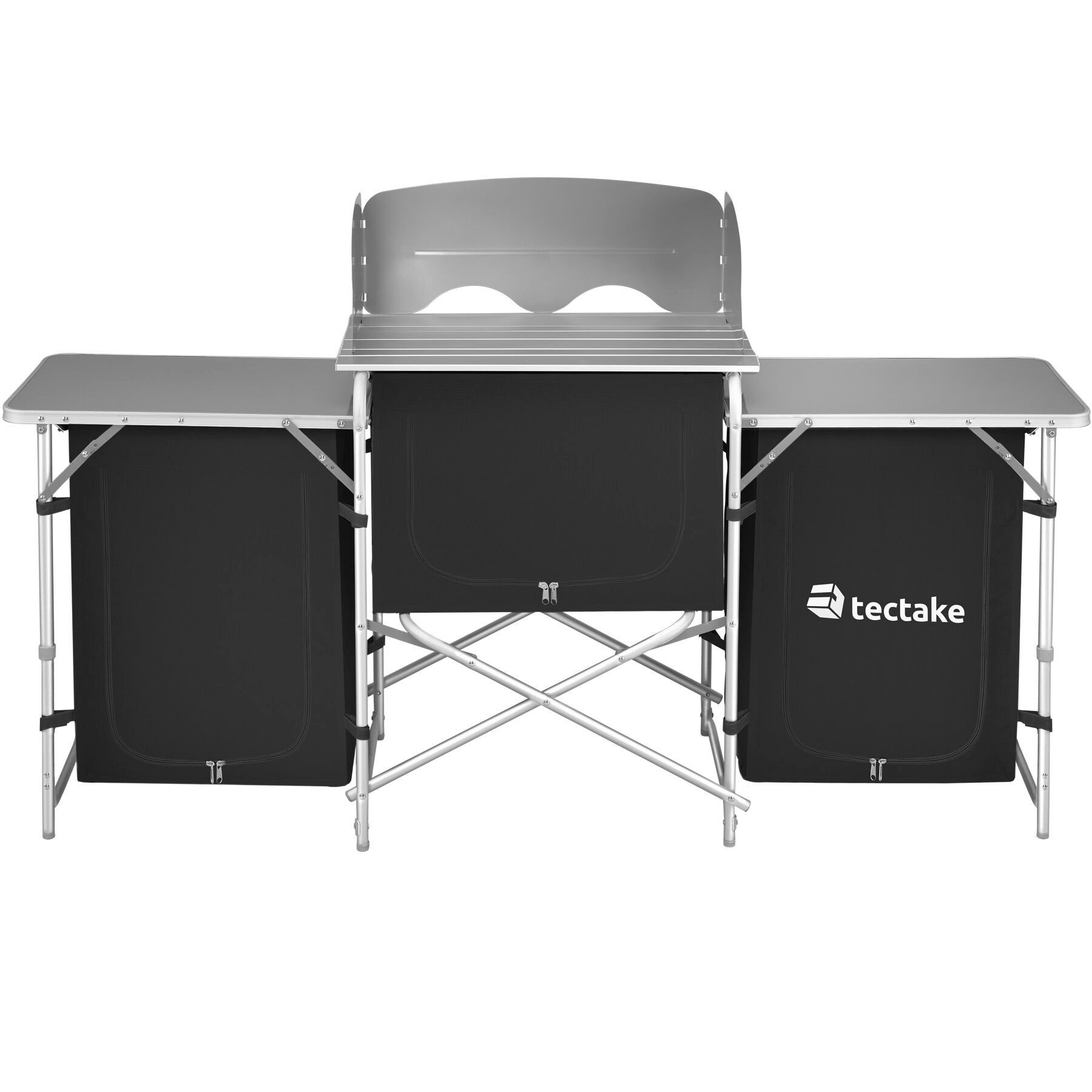 tectake Campingtisch Outdoor Küchenzeile XXL wetterfest faltbar viel Stauraum Windschutz (Faltbare Campingküche, 1-St., in Schwarz), Aluminiumgestell mit höhenverstellbaren Füßen und Arbeitsplatte