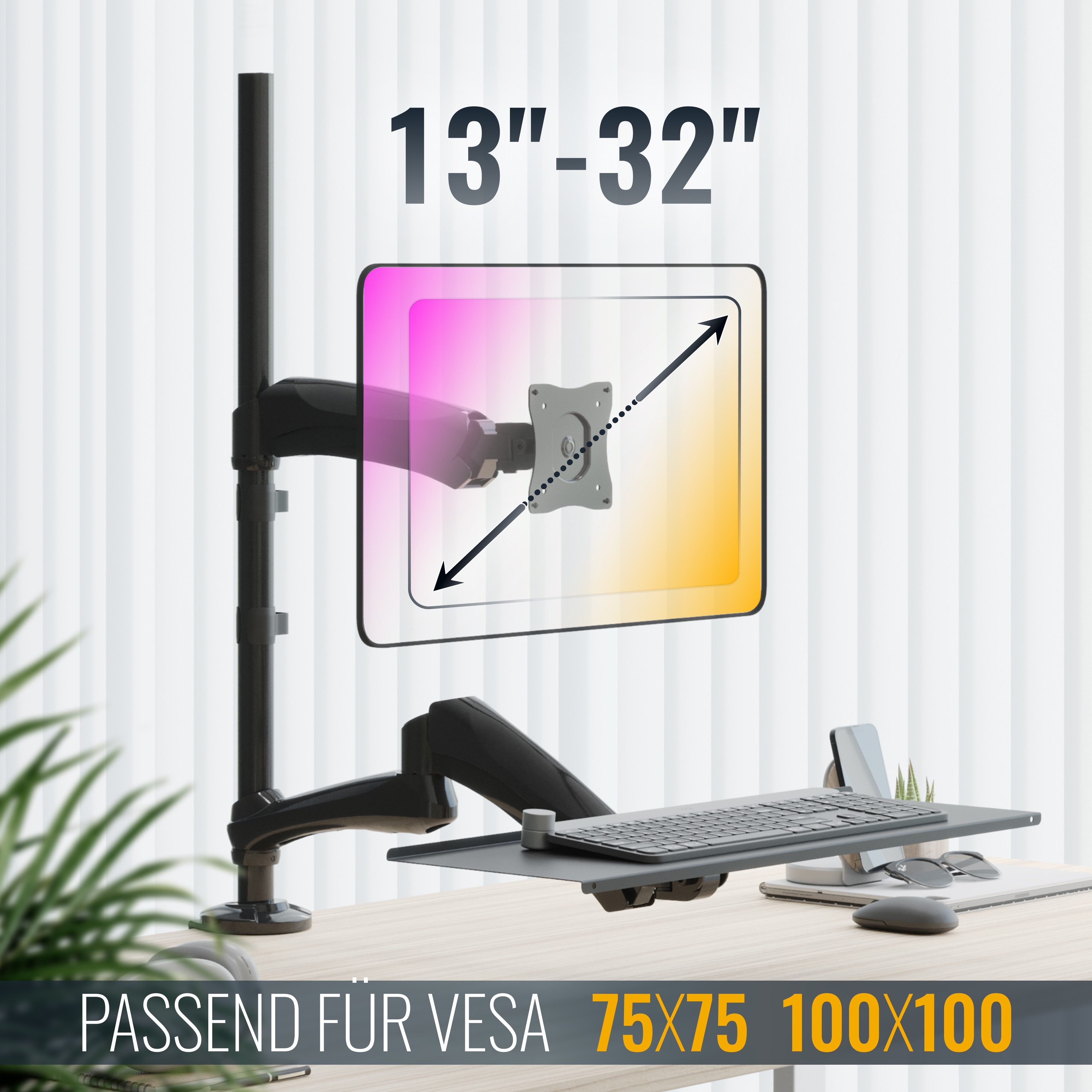 RICOO Monitor-Halterung Desktop Monitor Tischhalterung mit Tastaturablage TS1211, (bis 27 Zoll, VESA 75x75 und 100x100, 1-tlg., 9 kg Monitor, 2 kg Tastatur belastbar, 33-68 cm (13"-27) Diagonale, Neigbar +90°/-90°, drehbar bis 360°, schwenkbar bis 180)